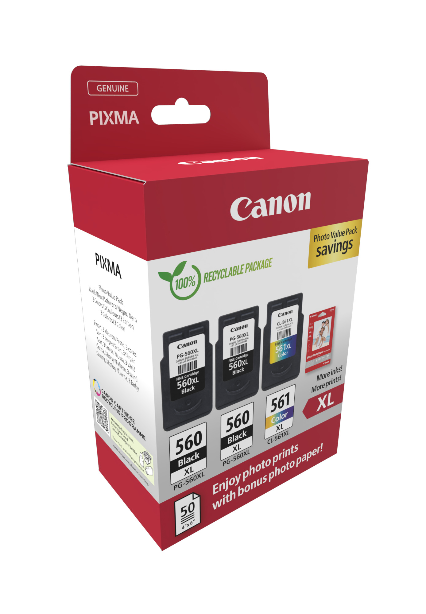 Canon PG-560XLx2/CL-561XL schwarz, color Druckköpfe + Fotopapier, 3er-Set