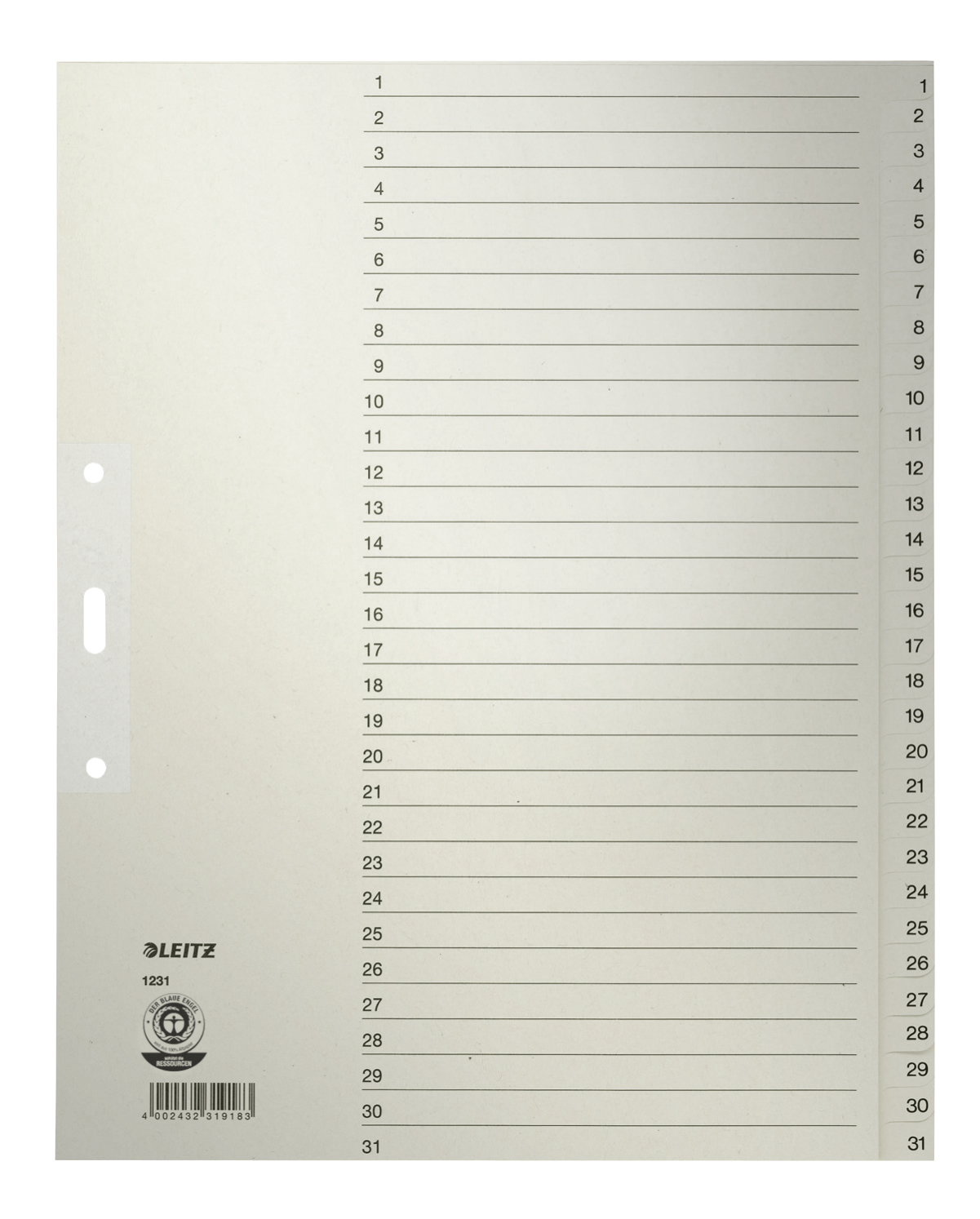 LEITZ Ordnerregister 1231 DIN A4 Vollformat, Überbreite 1-31 grau 31-teilig, 10 Satz