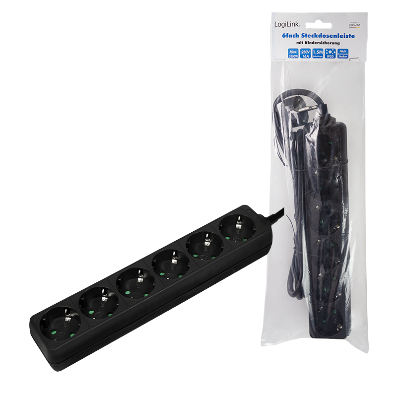 Logilink Steckdosenleiste 6-fach mit Schutzkontakt , schw.