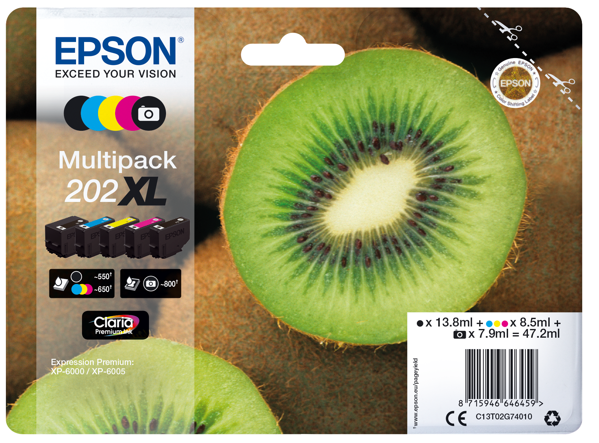 EPSON 202XL/T02G74 (Kiwi) schwarz, Foto schwarz, cyan, magenta, gelb Druckerpatronen, 5er-Set