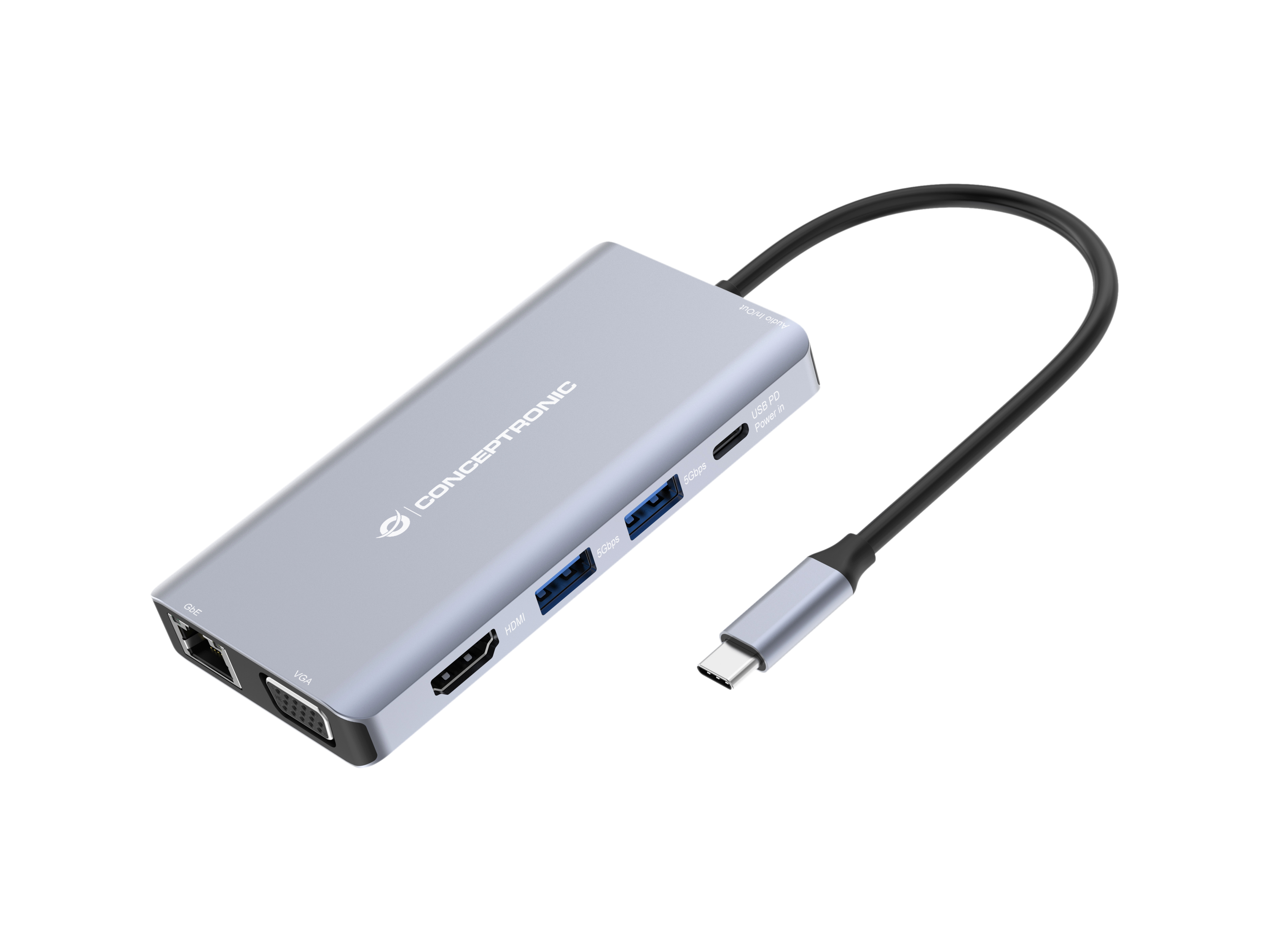 CONCEPTRONIC 10-1 Dock USB-C->HDMI/2xUSB-A/GbE/AUX/+ 25cm gr