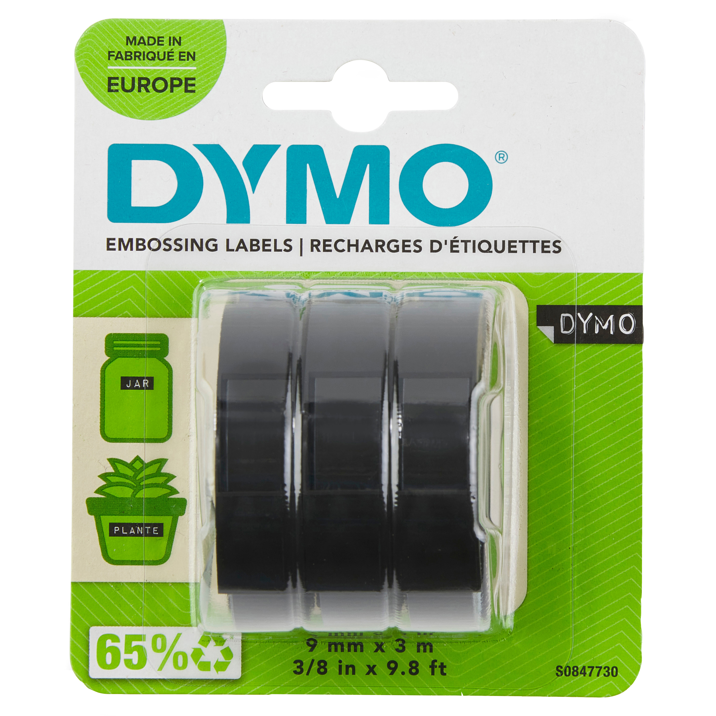 DYMO Prägebänder 3D S0847730, 9 mm, weiß auf schwarz, 3 St.