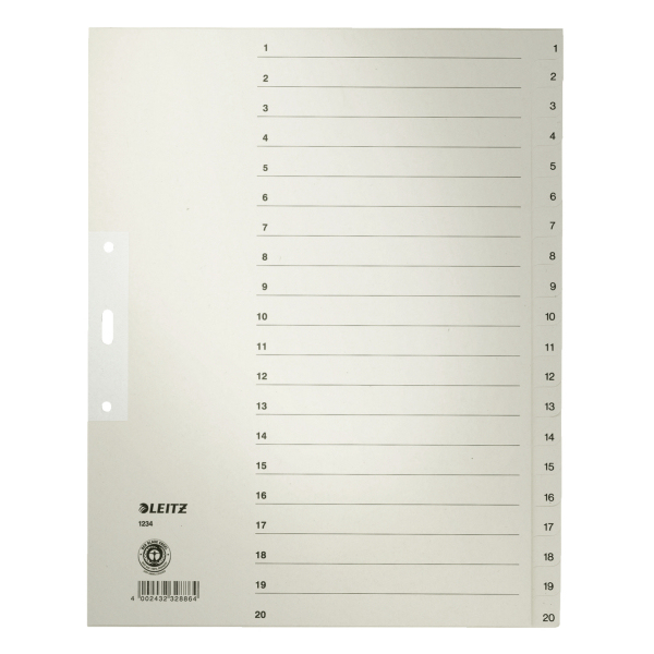 LEITZ Ordnerregister DIN A4+ Vollformat, Überbreite 1-20 grau 20-teilig, 1 Satz