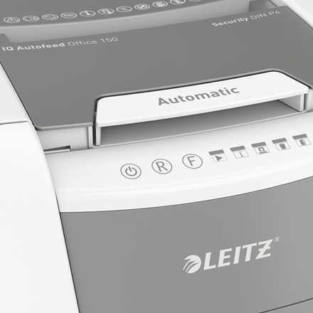 LEITZ IQ Autofeed Small Office 150 Aktenvernichter mit Partikelschnitt P-4, 4 x 28 mm, bis 150 Blatt, weiß