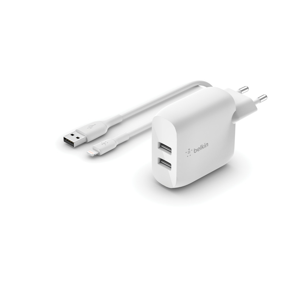 DUAL USB-A CHARGER W/LIGHTNING CABLE 1M 24W WHITE
