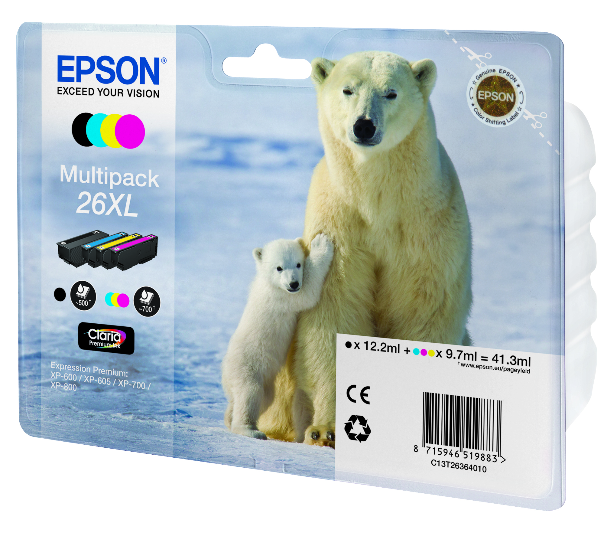 EPSON 26XL / T2636XL (Eisbär) schwarz, cyan, magenta, gelb Druckerpatronen, 4er-Set