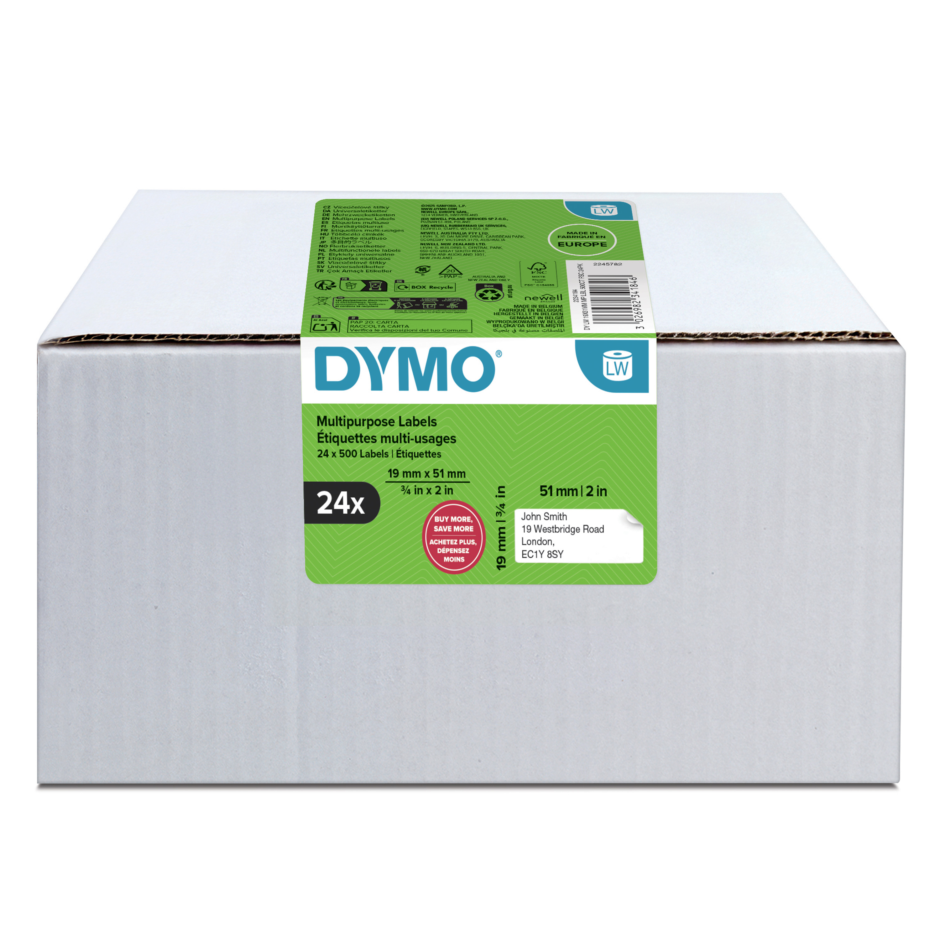 DYMO Etikettenrolle für Etikettendrucker weiß, 51,0 x 19,0 mm, 24 x 500 Etiketten