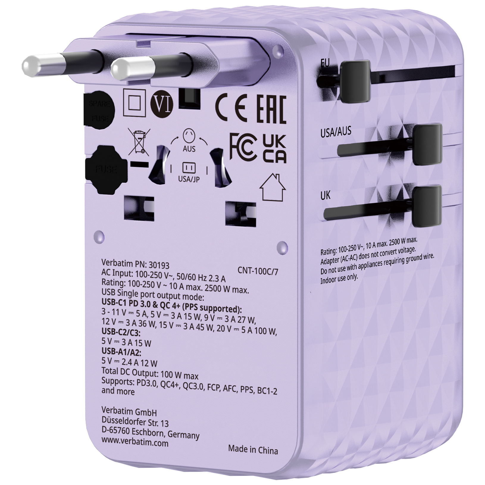 Verbatim Charge'n'Travel Adapter 100W 1C retractable purple