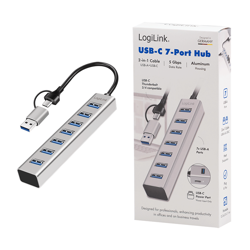 Logilink USB 3.0 HUB, 7-Ports, 7x USB-A, 5 Gbit/s, silber