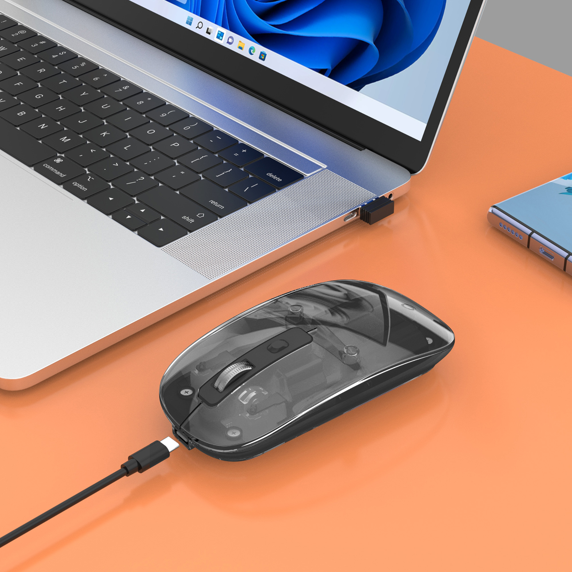MANHATTAN Transparente Wiederaufladbare Kabellose Maus LED-Beleuchtung USB-A-Mikroempfänger Links-/Rechtshänder durchsichtig/schwarz