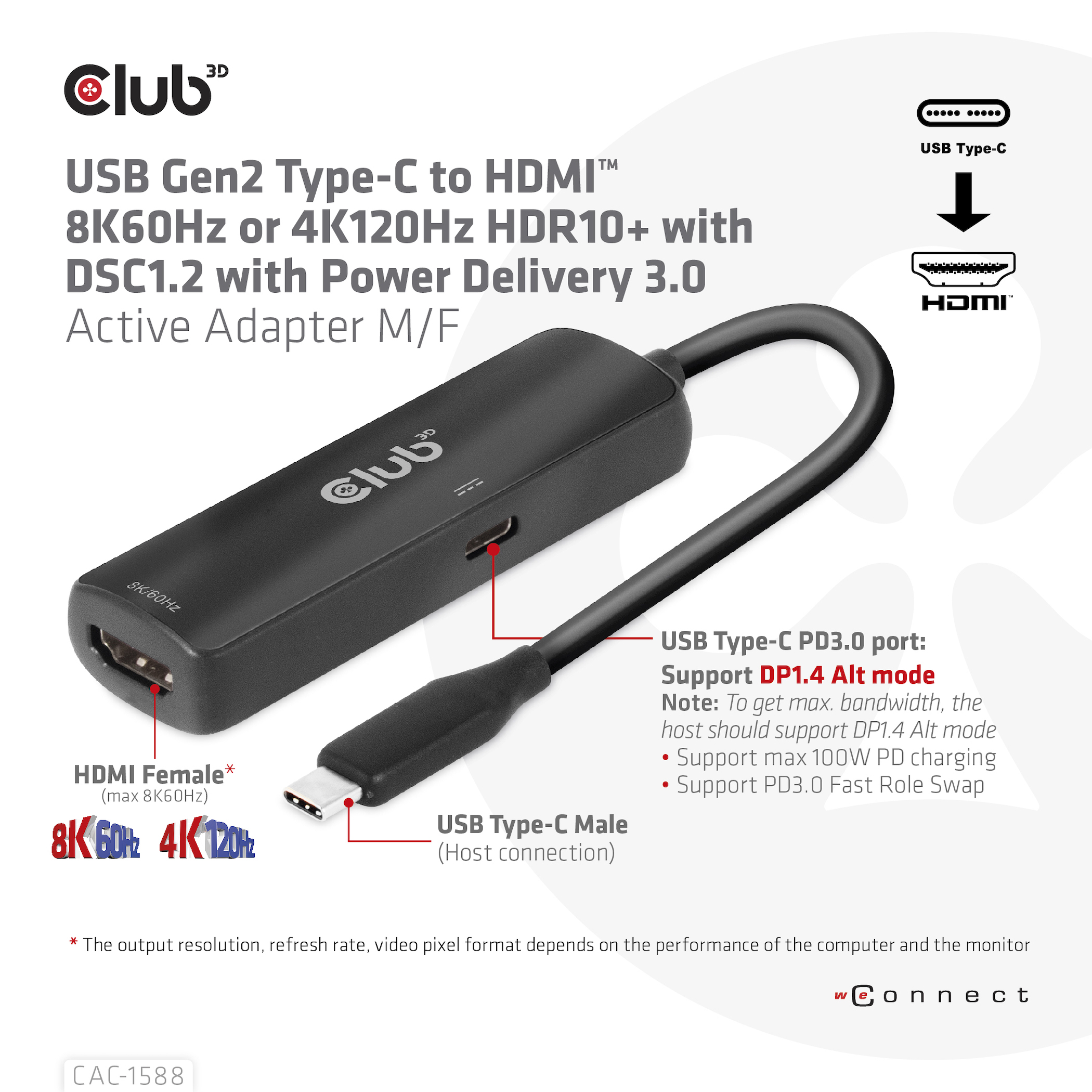 Club3D Adapter USB 3.2 Typ C > HDMI 2.1 HDR10 8K60Hz aktiv retail