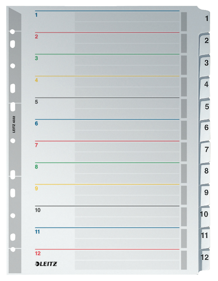 LEITZ Ordnerregister DIN A4+ Vollformat 1-12 grau 12-teilig, 1 Satz