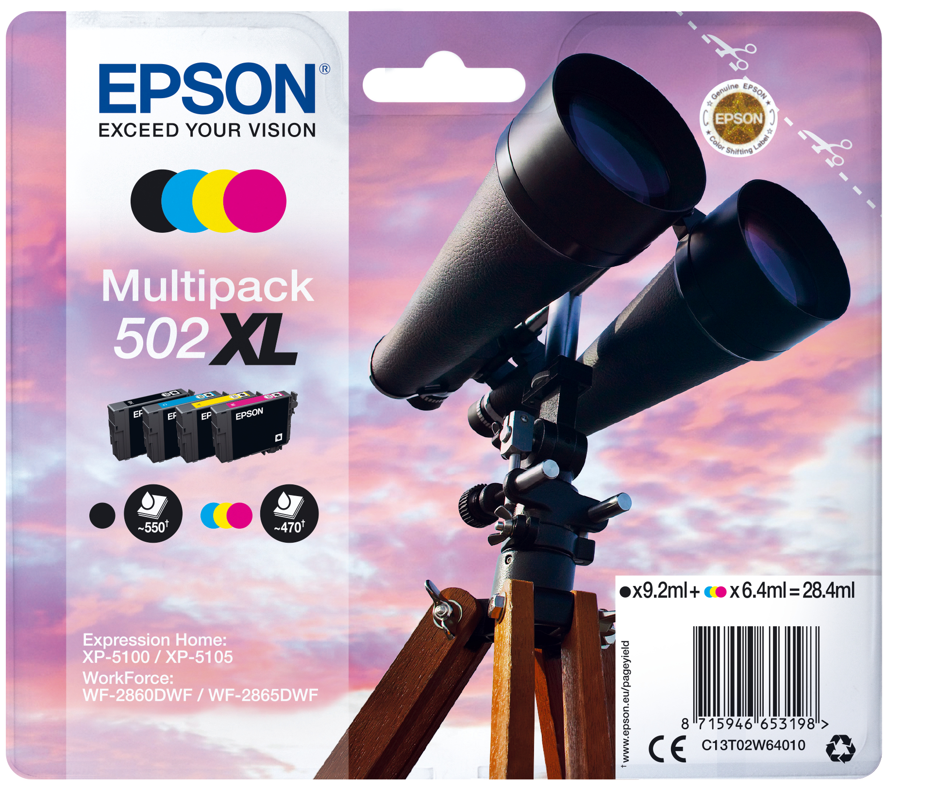 EPSON 502XL/T02W64 (Fernglas) schwarz, cyan, magenta, gelb Druckerpatronen, 4er-Set