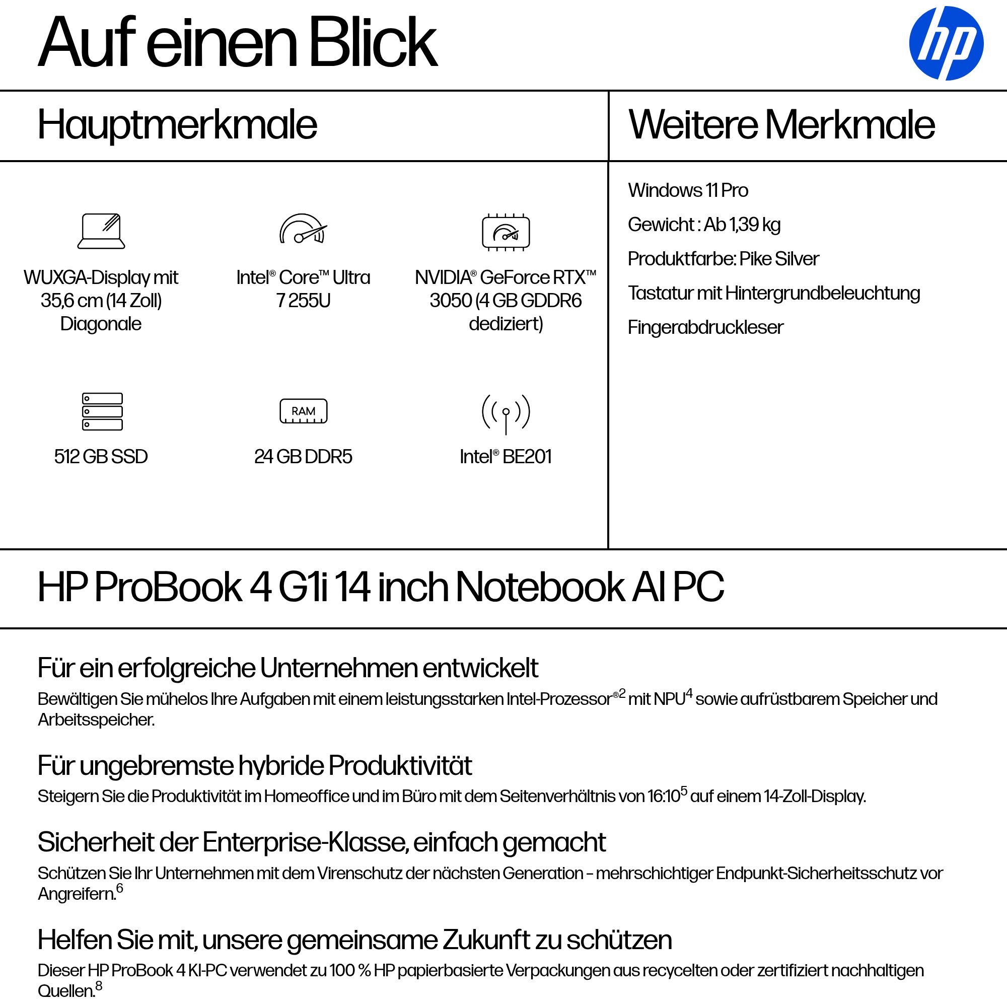 HP ProBook 4 G1i 14 Intel Core Ultra 7 255U 35,56cm 14Zoll WUXGA 24GB 512GB/SSD W11P SmartBuy 1J Gar (DE)