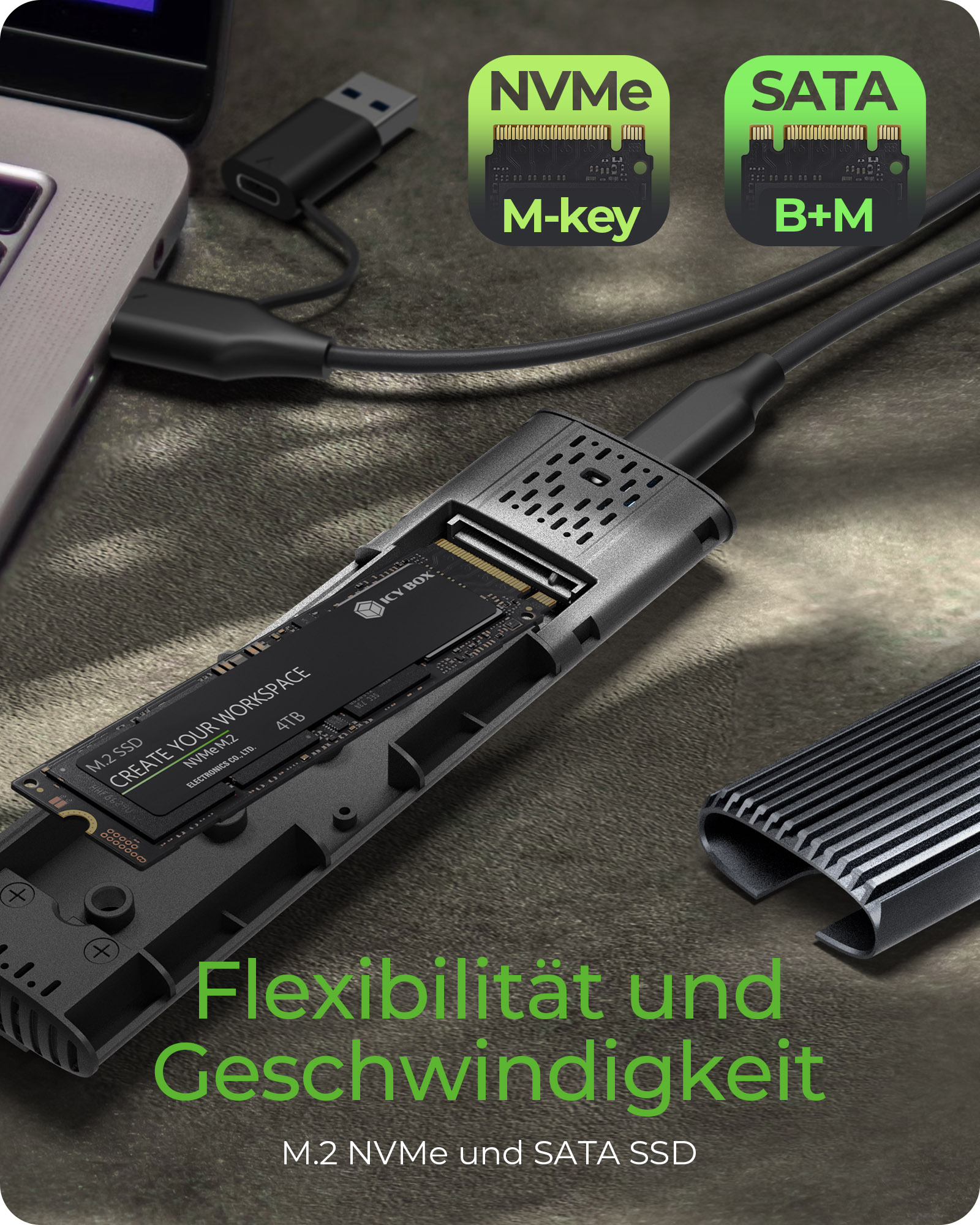 Geh. IcyBox für NVMe M.2 & SATA M.2 SSD