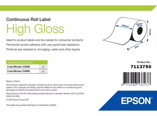 HIGH GLOSS LABEL CONTINUOUS ROLL 102MM X 33M