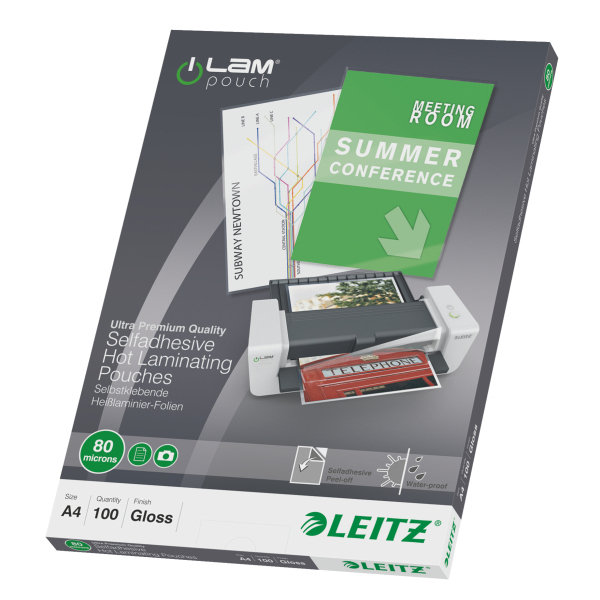 LEITZ Laminierfolien glänzend für A4 80 micron selbstklebender Rücken, 100 St.