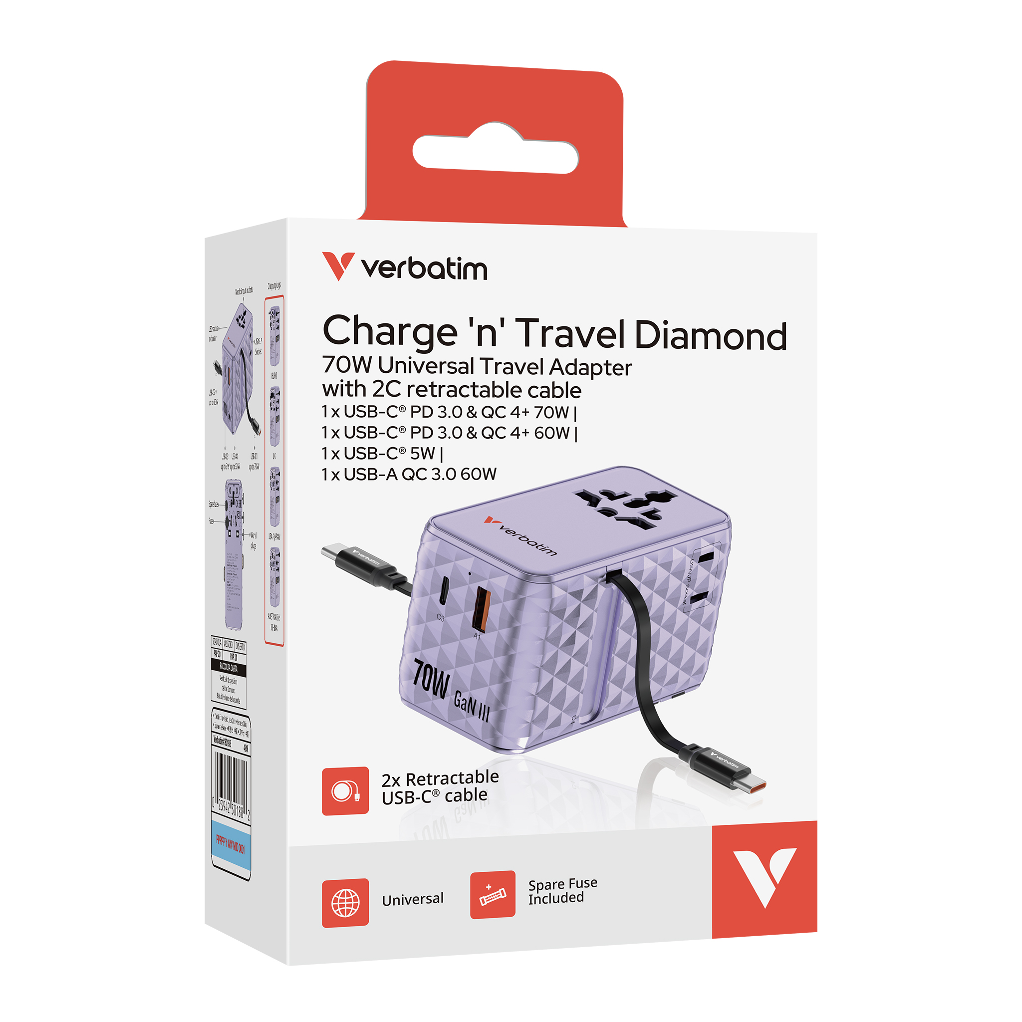 Verbatim Charge'n'Travel Adapter 70W 2C retractable purple