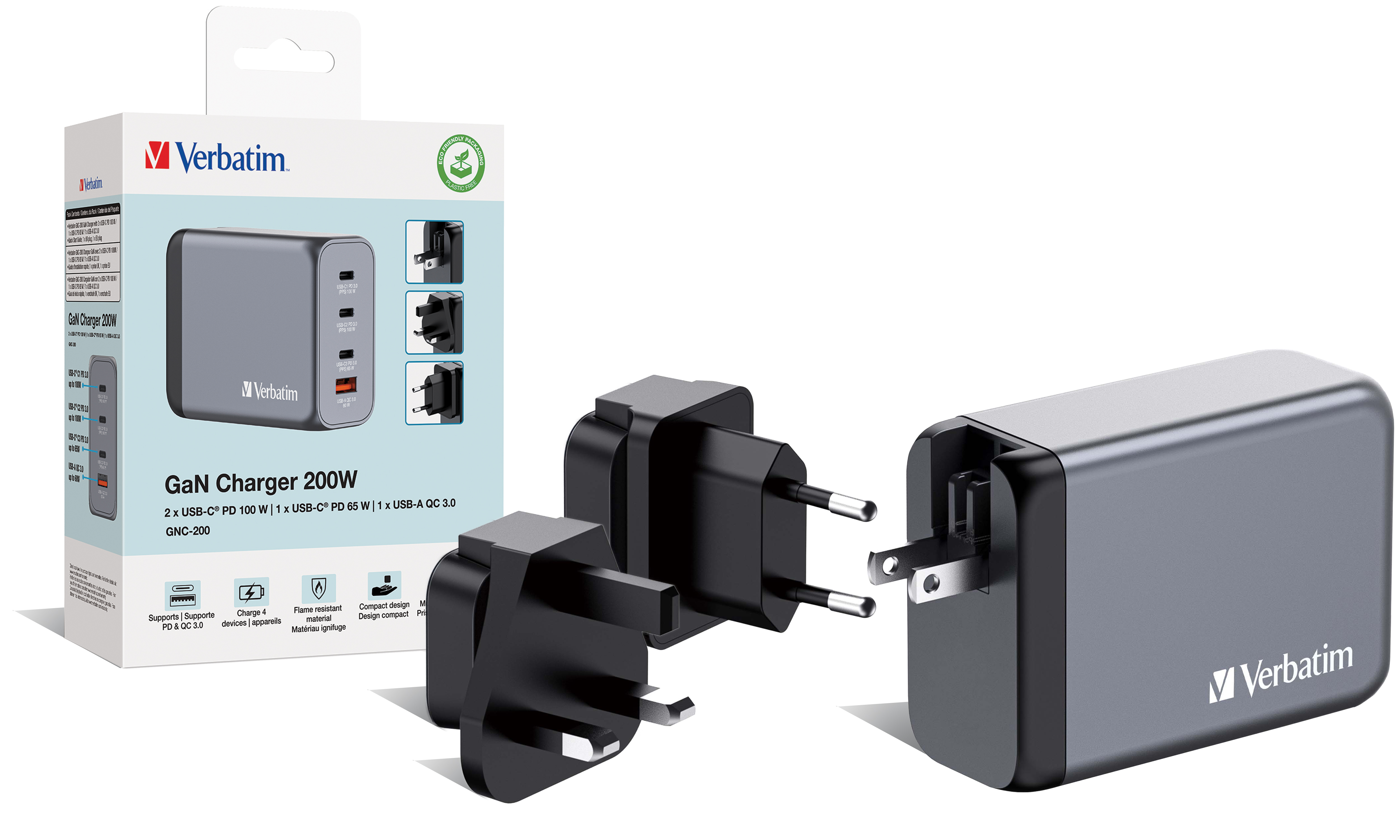 Verbatim GNC-200 GaN Charger 4 Port 200W USB A/C (EU/UK/US