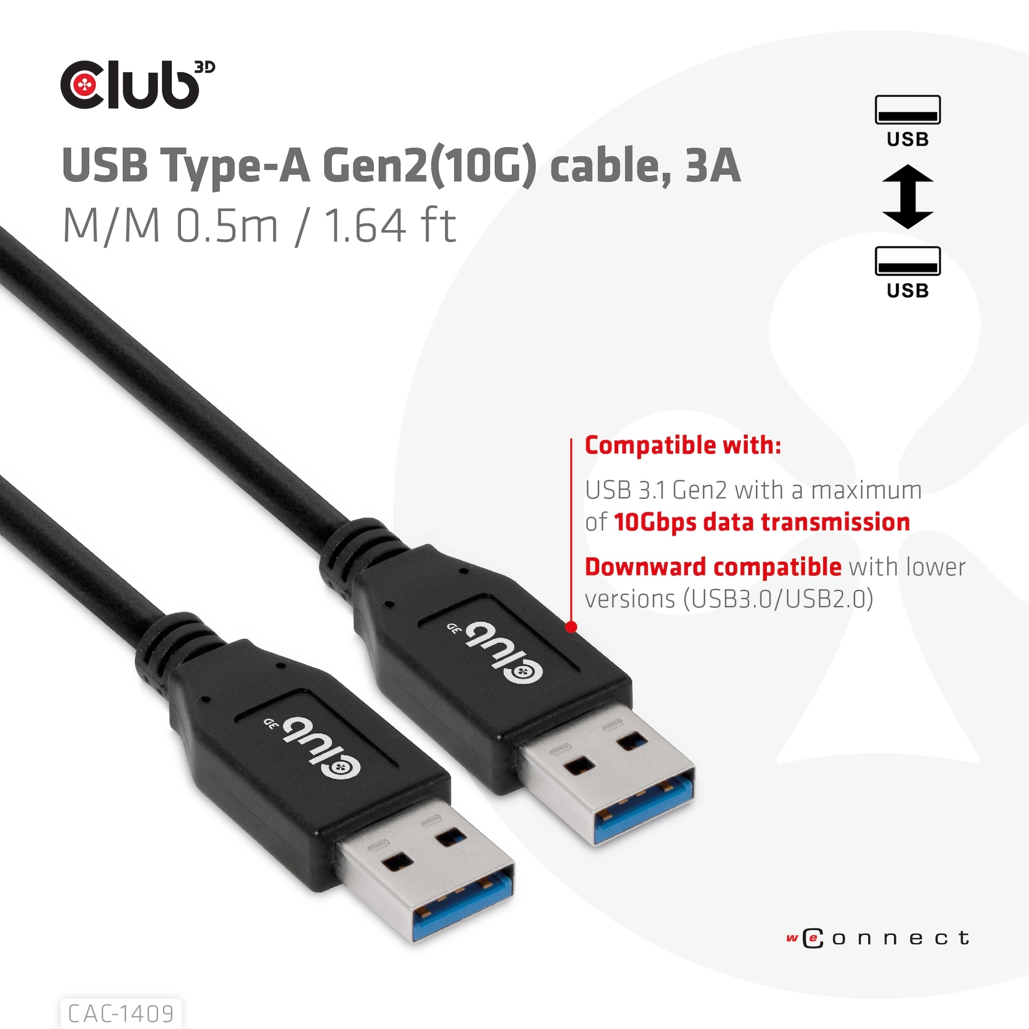 Club3D Kabel USB Typ-A Gen2 0,5m 10 Gbps St/St retail