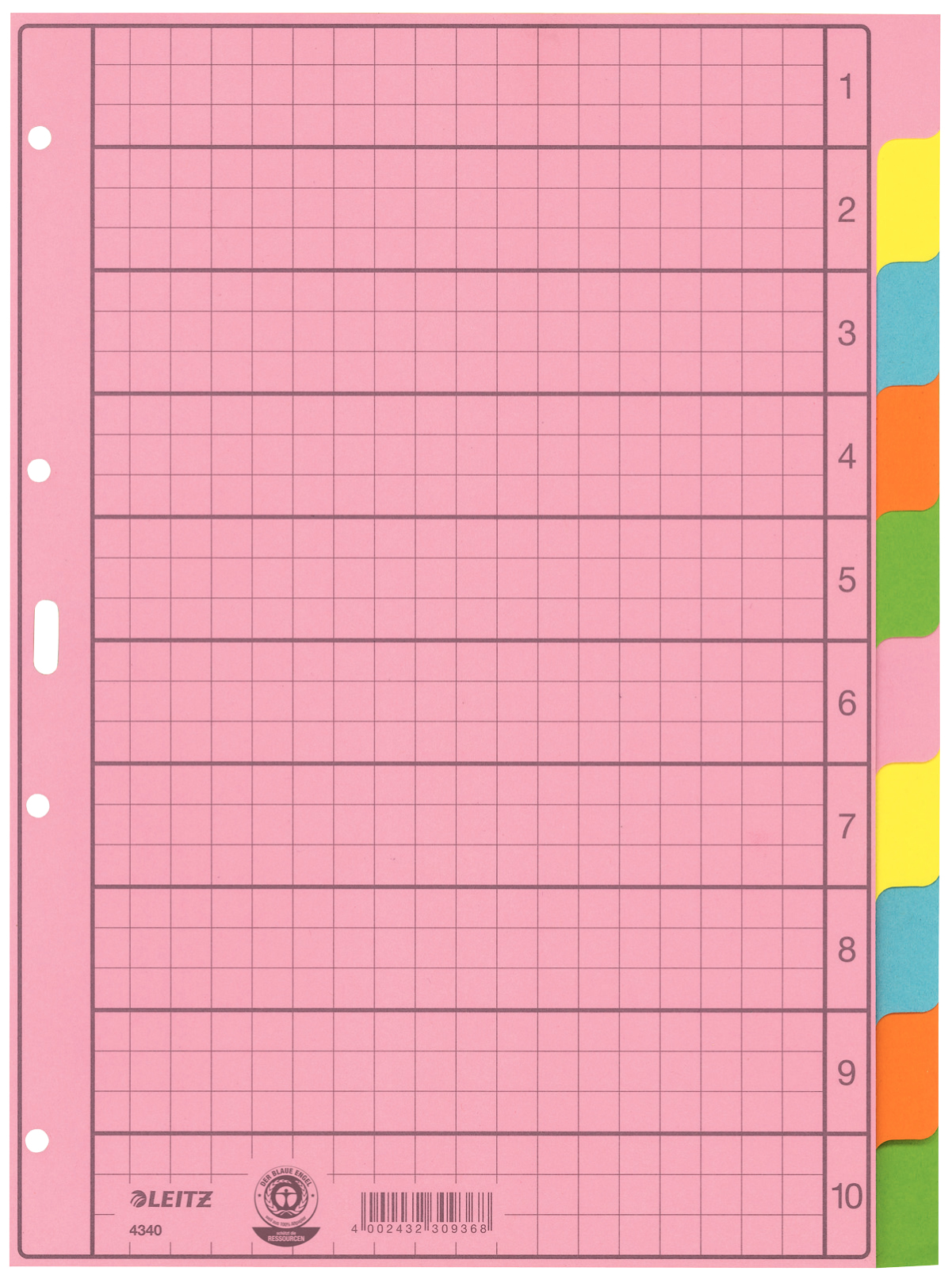LEITZ Ordnerregister DIN A4 Vollformat blanko farbig 10-teilig, 1 Satz
