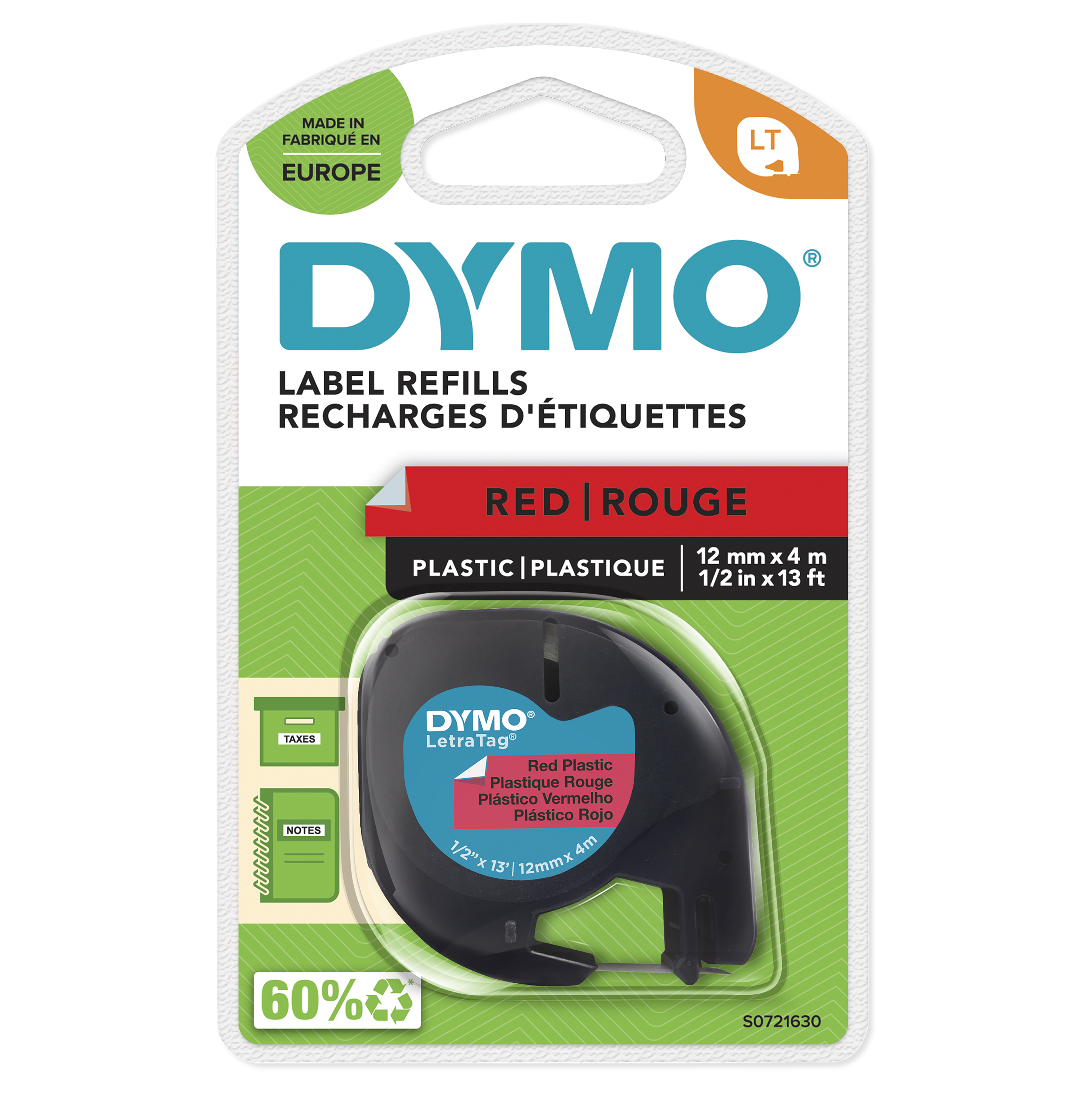 DYMO Schriftband LetraTag 91223 S0721630, 12 mm, schwarz auf rot, 1 St.