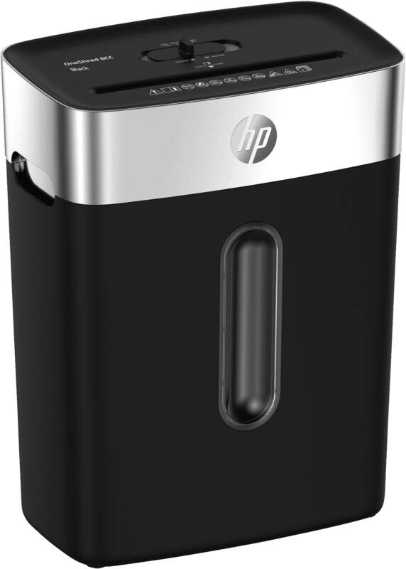 HP OneShred 8CC Aktenvernichter mit Partikelschnitt P-4, 5 x 18 mm, bis 8 Blatt, schwarz, silber