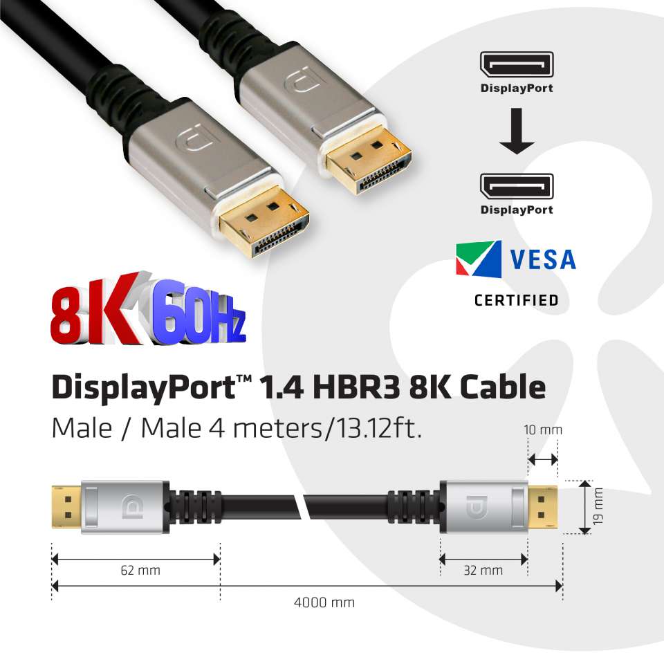 Club3D DisplayPort-Kabel 1.4 HBR3 32,4Gb/s 4m 8K60Hz St/St retail