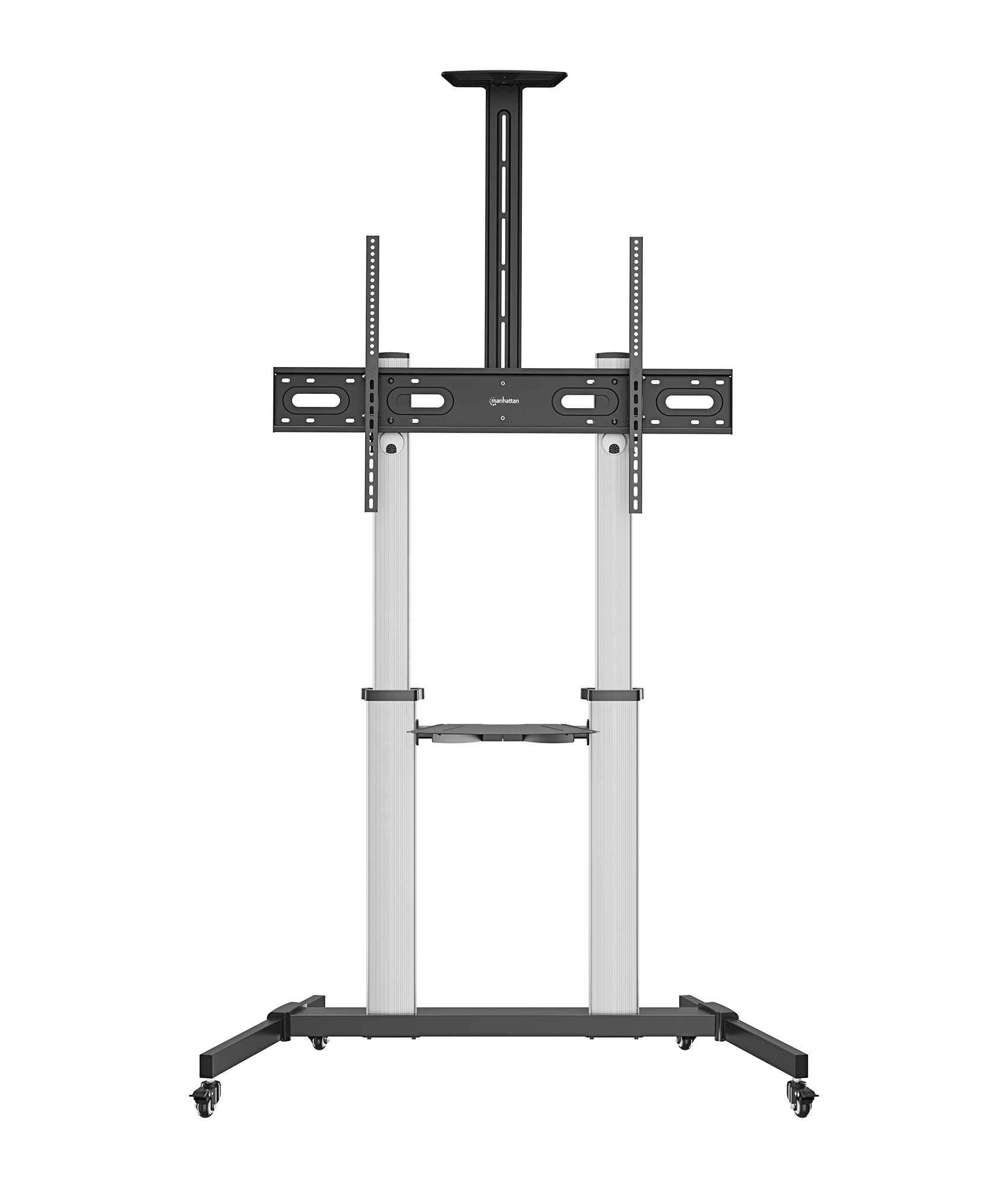 MANHATTAN Aluminium Multimedia TV-Ständer auf Rollen höhenverstellbar 152,4-254cm 60-100Zoll bis 80 kg neigbar rotierbar Fachboden