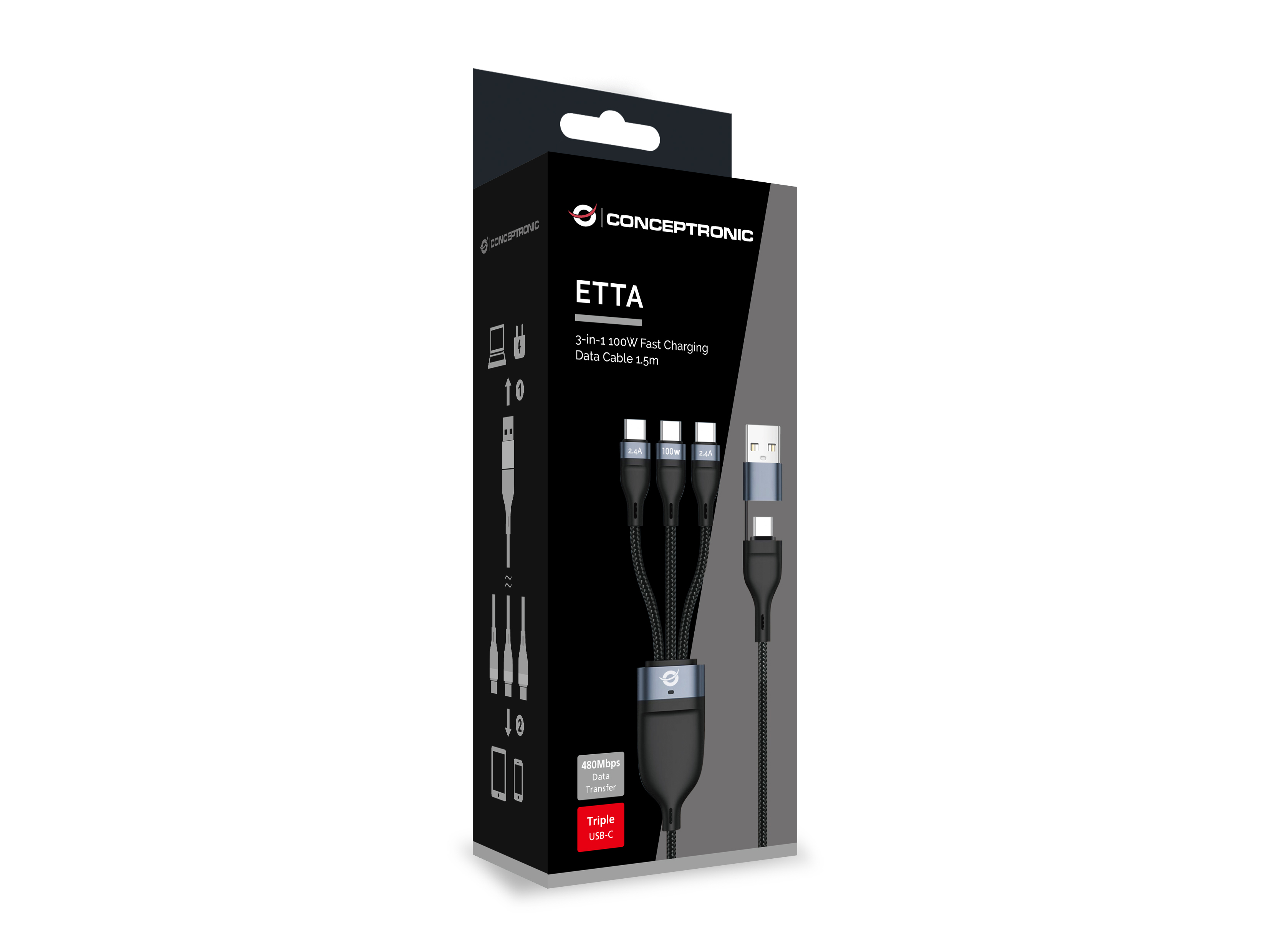 CONCEPTRONIC Kabel USB-C/-A2.0->3xUSB-C 480Mbs 1.50m sw