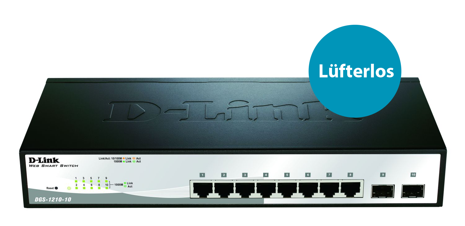 D-LINK DGS-1210-10/E 10-Port Smart+ Managed Gigabit Switch 8x 10/100/1000BASE-T 2x SFP lüfterlos 48,26cm 19Zoll Metallgehäuse