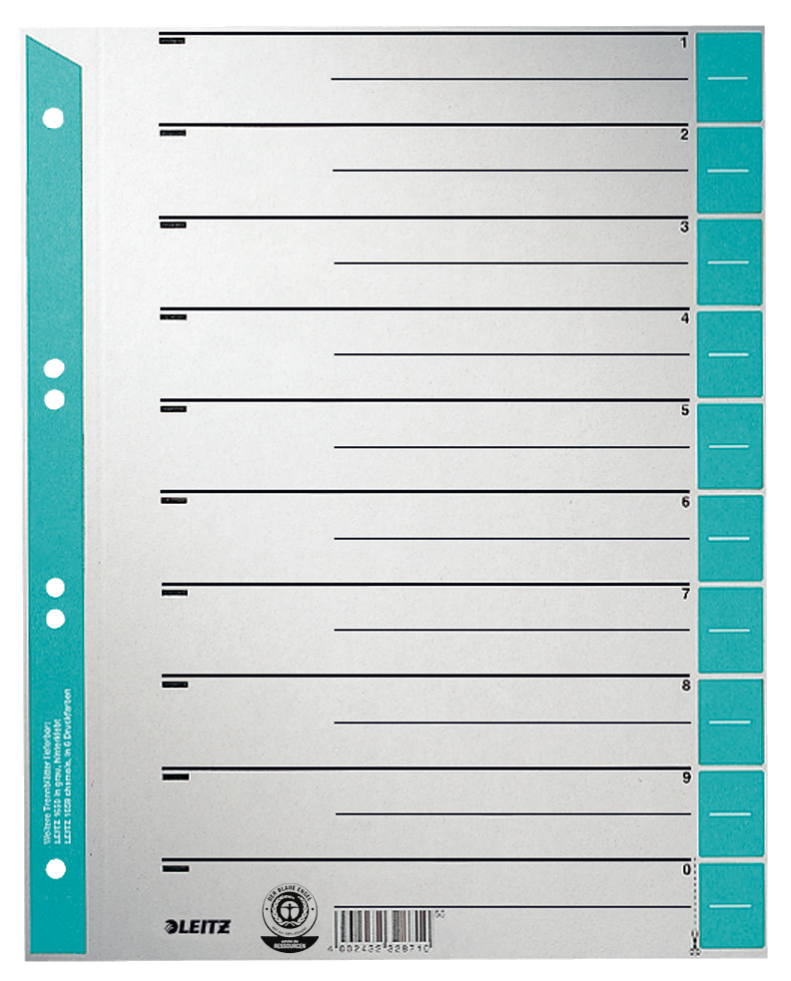 LEITZ Trennblätter 1652 DIN A4 1-0 hellblau, 230 g/qm, 100 St.