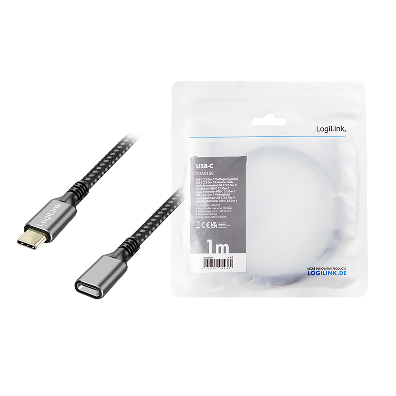 Logilink USB 3.2 Gen1 Typ-C-Kabel C/M > USB-C/F, PD, Alu, 2m