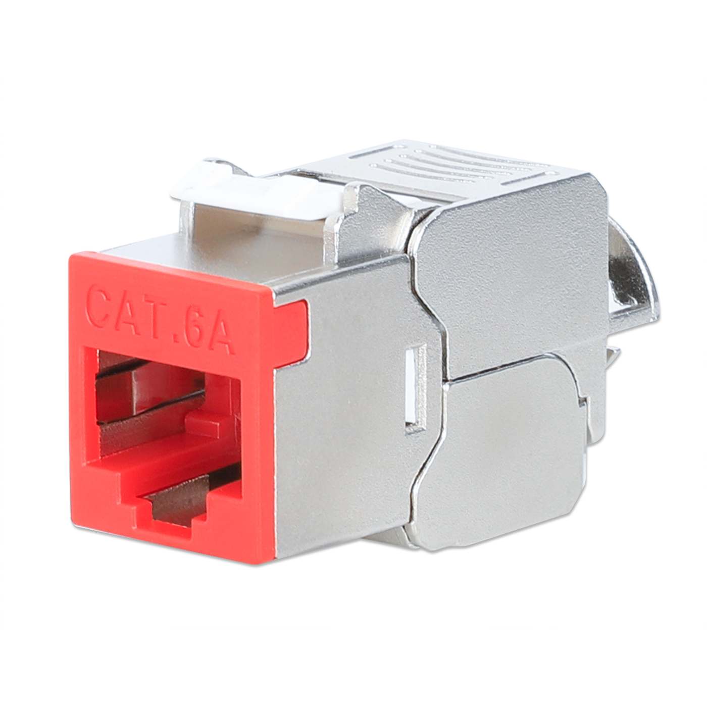 INTELLINET Cat6a 10G Slimline Keystone-Modul STP werkzeuglos mit Rastclip für Massivdraht vergoldete Kontakte Metallgehäuse rot