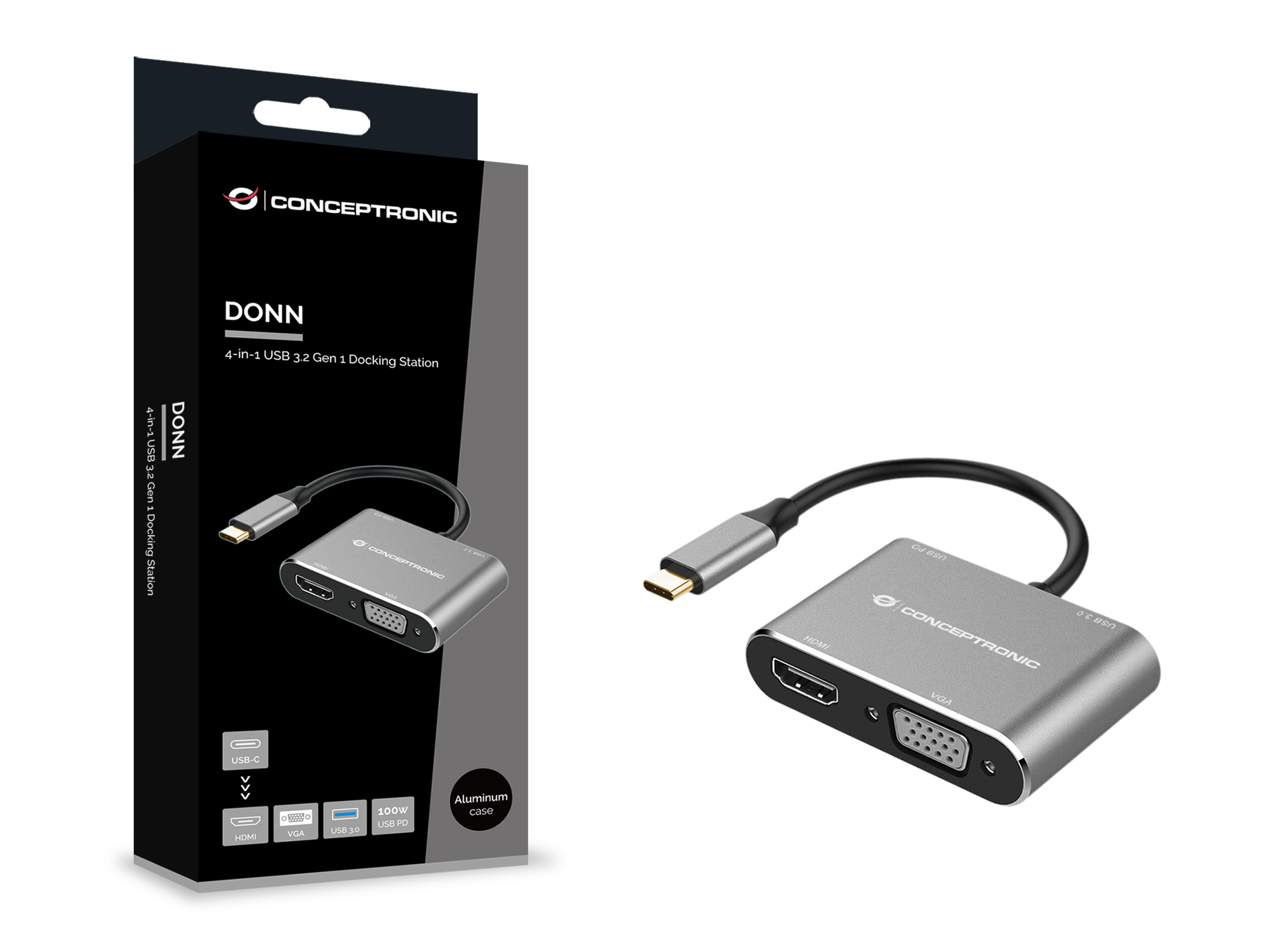 CONCEPTRONIC 4-1 Dock USB-C->HDMI/USB-A/VGA/100WPD 15cm gr