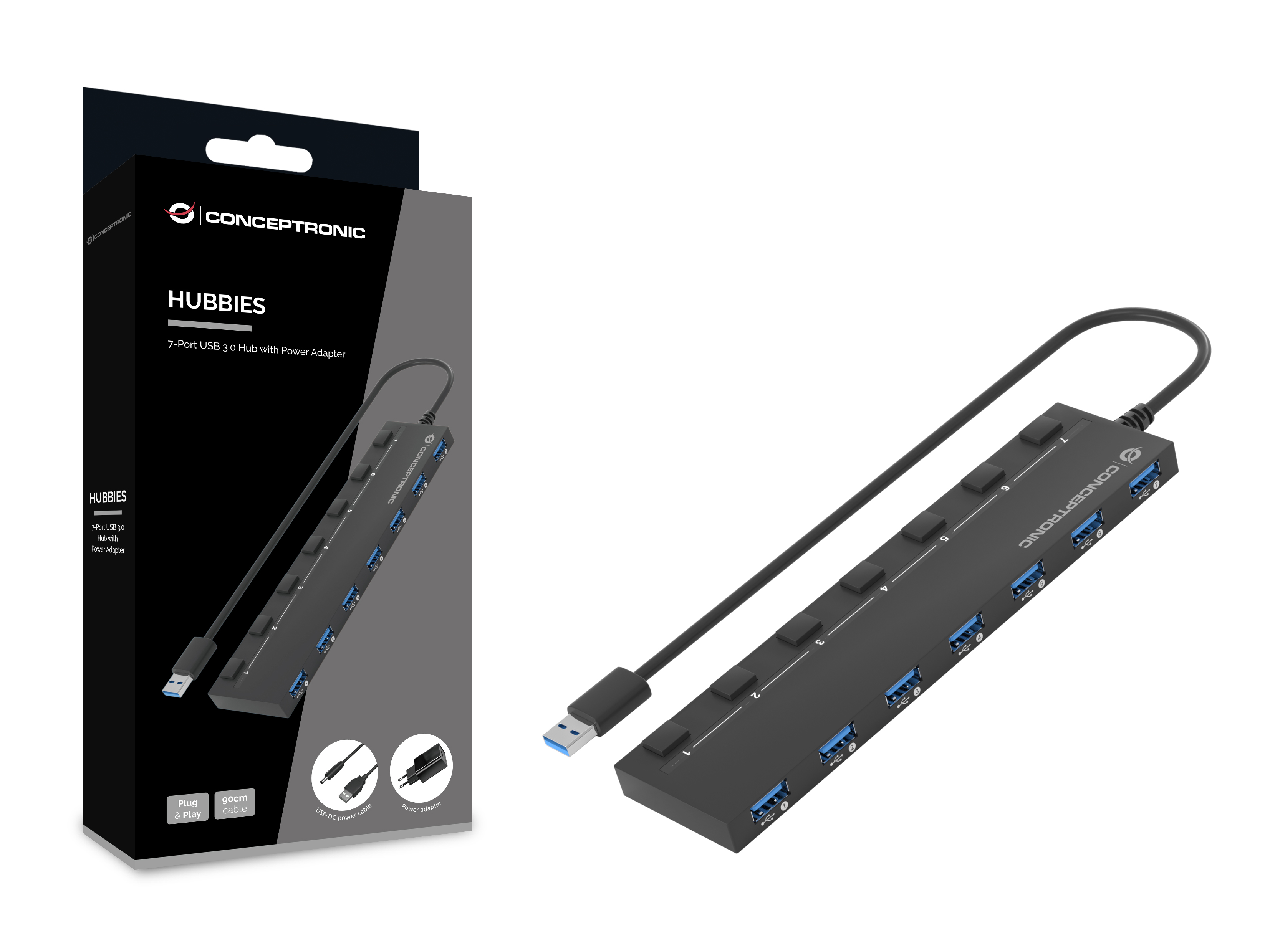 CONCEPTRONIC 7-Port Hub USB-A3.0->7xA3.2Gen1/DC m.Netz. sw