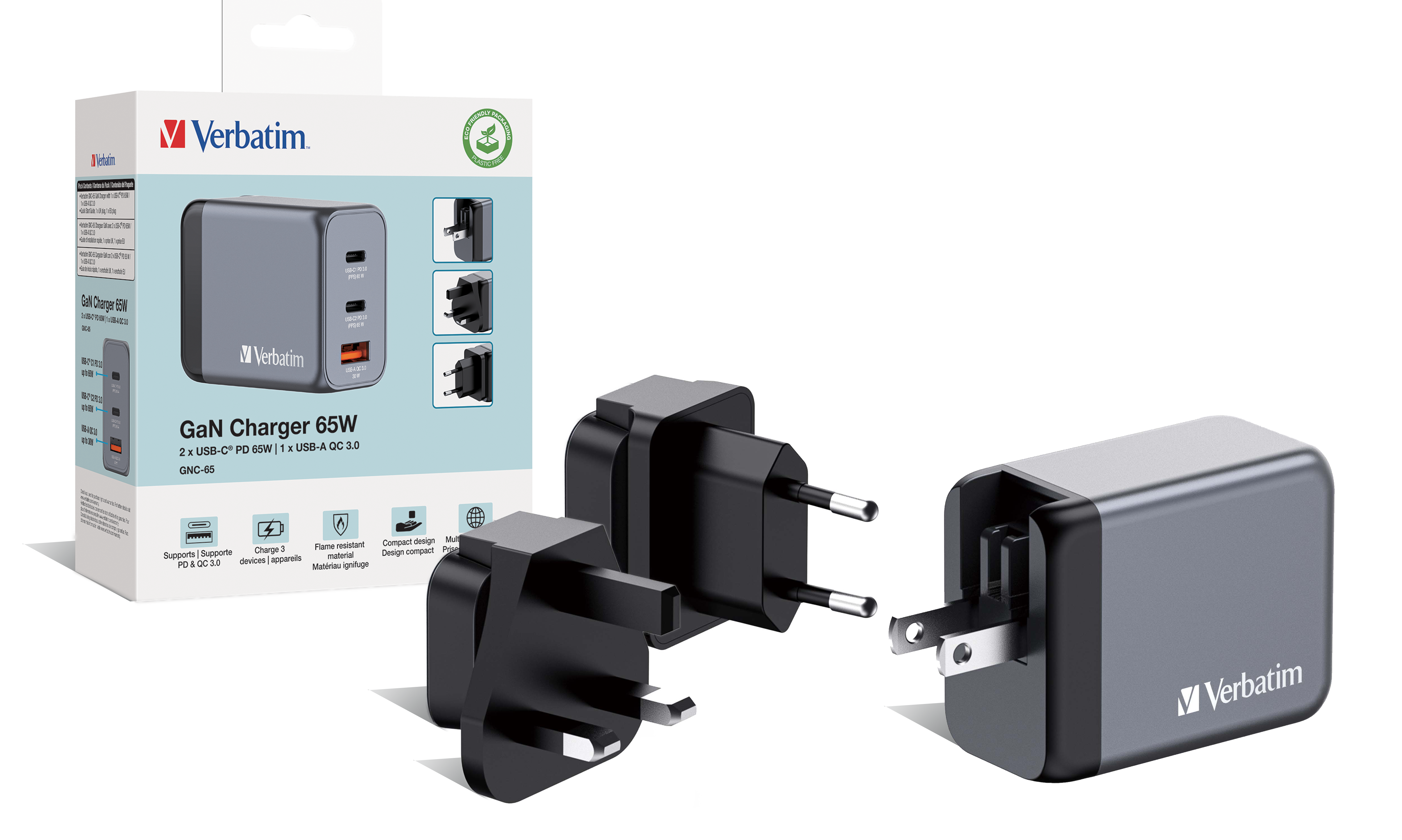 Verbatim GNC-65 GaN Charger 3 Port 65W USB A/C (EU/UK/US)