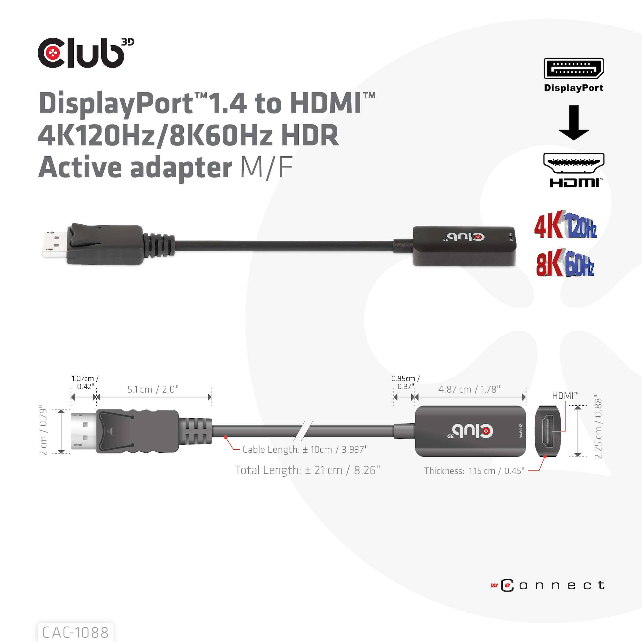 Club3D Adapter DisplayPort 1.4 > HDMI HDR 8K60Hz aktiv retail