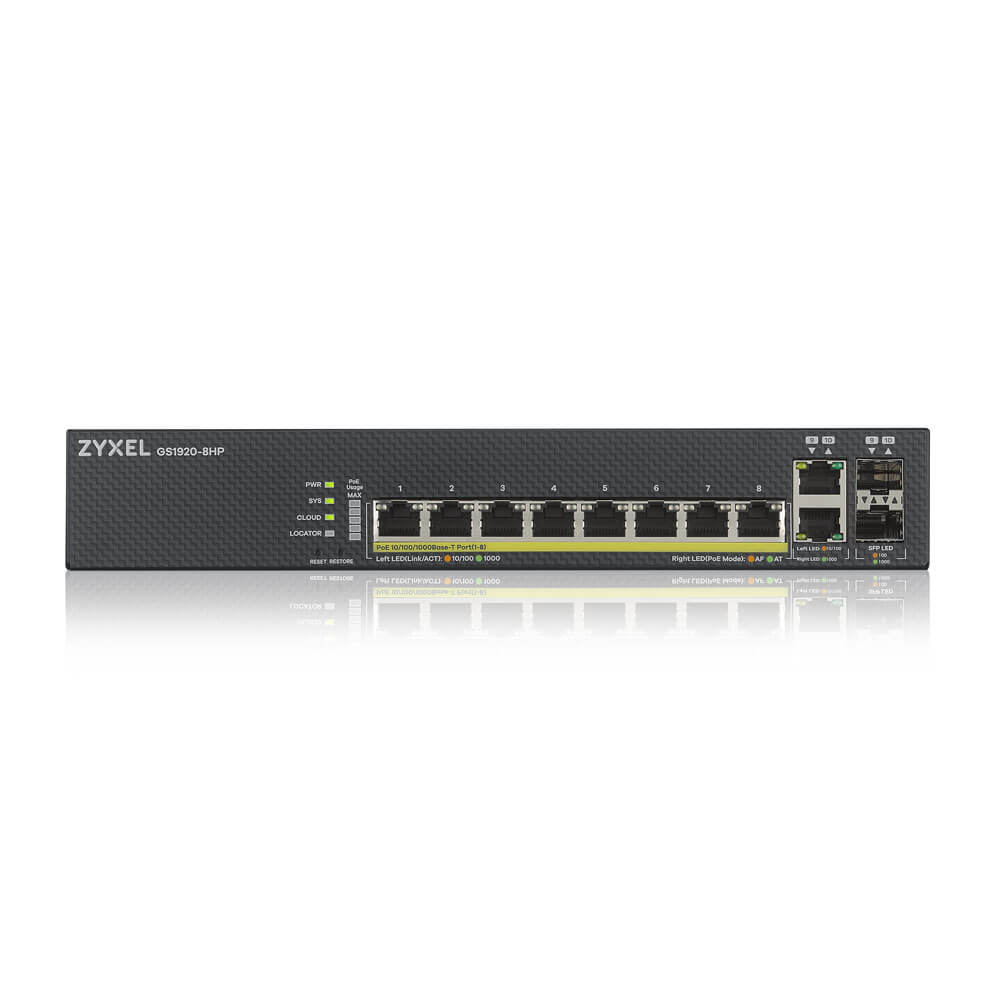 ZYXEL GS1920-8HPv2 10 Port Smart Managed Switch 8x Gigabit Copper and 2x Gigabit dual pers