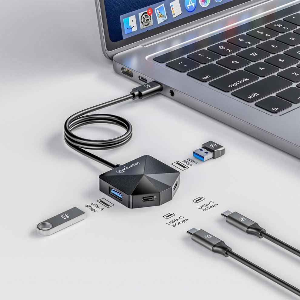 MANHATTAN 4-Port USB-C/-A Kombo-Hub USB-C-Stecker auf zwei USB-C-Ports und zwei USB-A-Ports 5 Gbit/s Aluminium schwarz