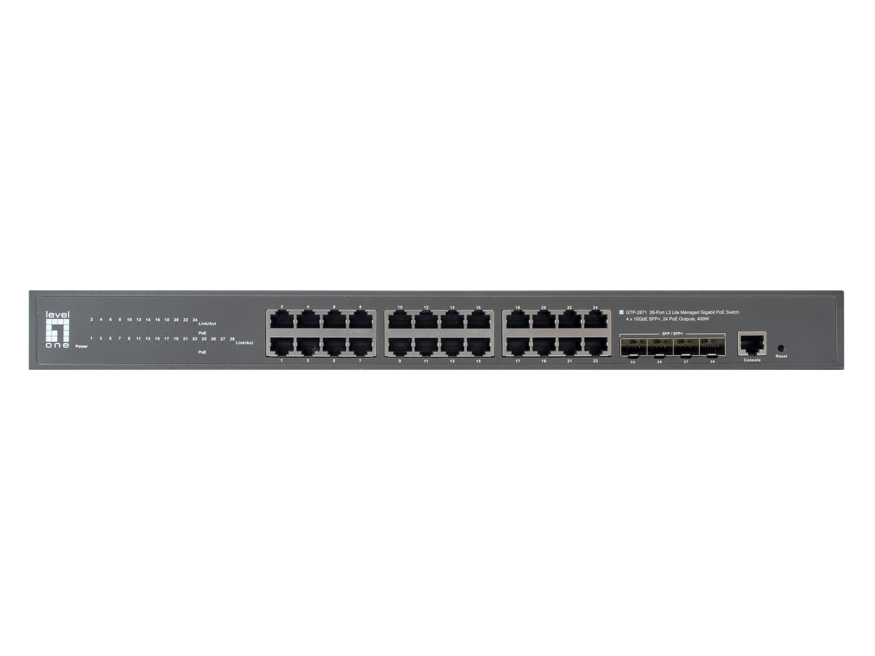 LevelOne PoE+Switch 24xGE PoE/4x10GSFP+ 400W 19 Managed L3