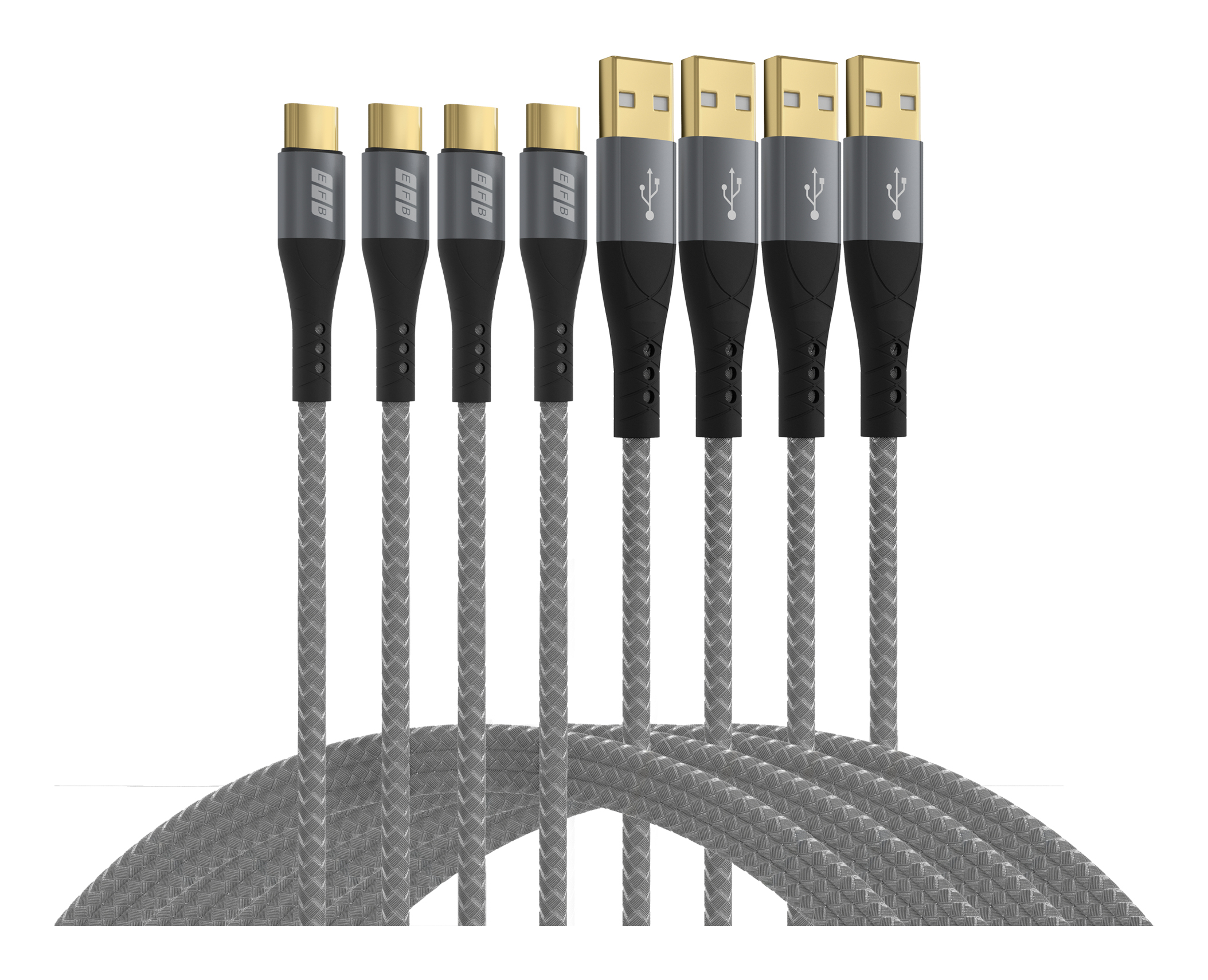EFB USB-A auf USB-C Kabelset 60W QC 3A 0,5m+1m+2m+3m grau Goldkontakte Textilmantel