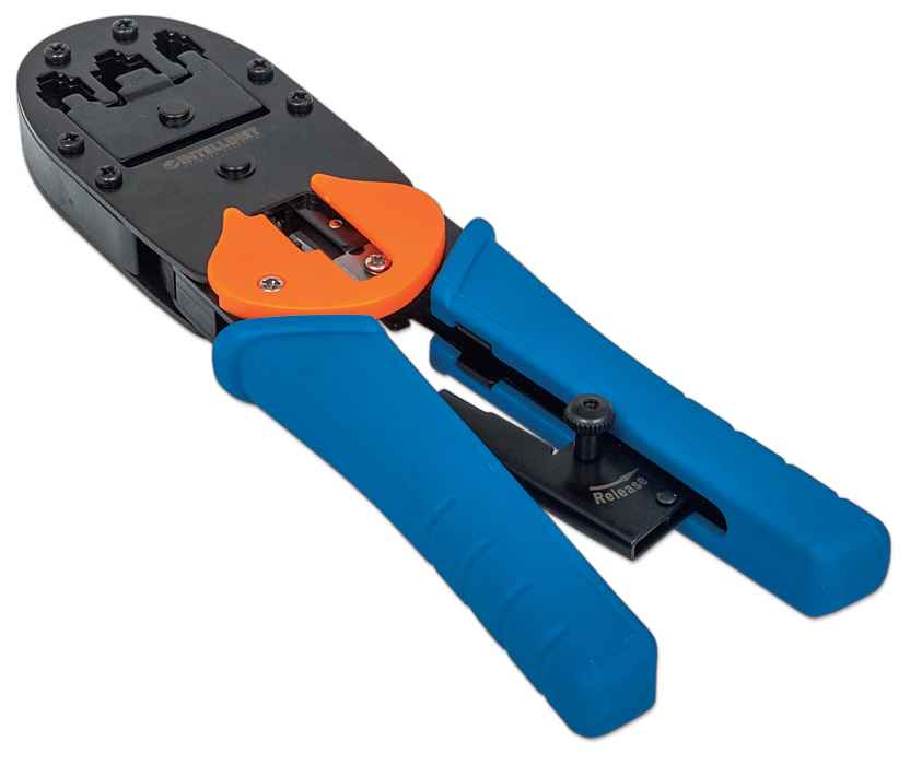 INTELLINET Universal Crimpwerkzeug Fuer RJ45 RJ12 und RJ11 Modularstecker Fuer Rund- und Flachkabel geeignet Ratschenfunktion