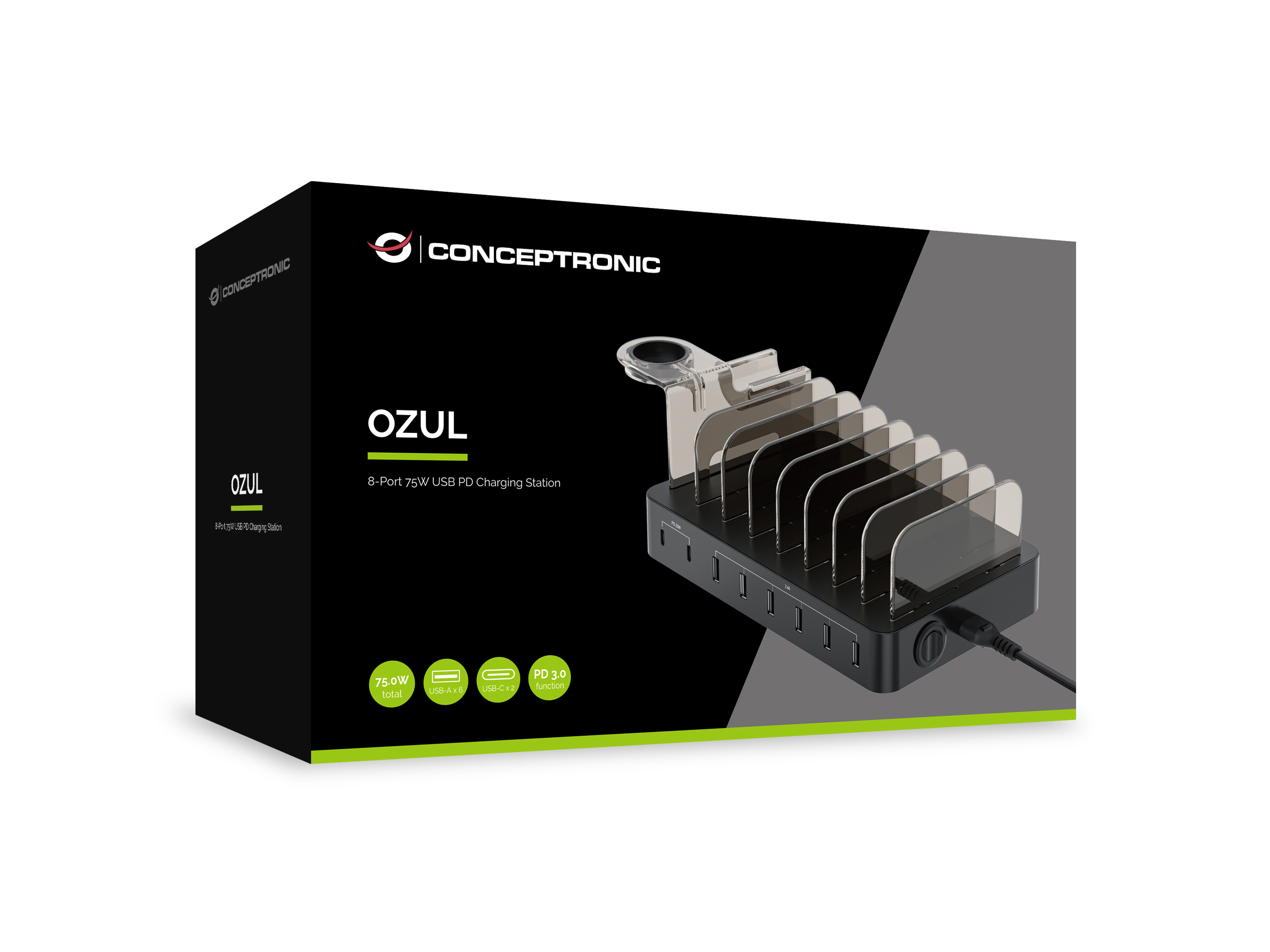 CONCEPTRONIC Ladegerät 8Port 6xUSB-A/2xC Multi 75WPD3.0 sw