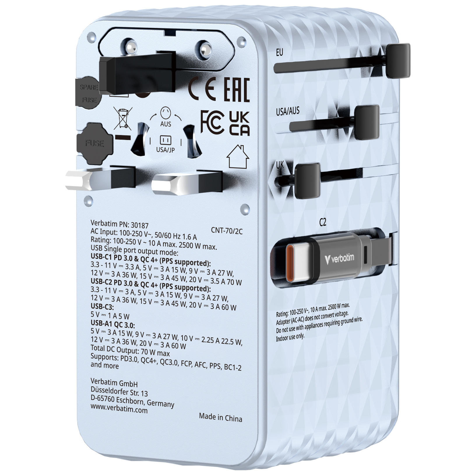Verbatim Charge'n'Travel Adapter 70W 2C retractable blue