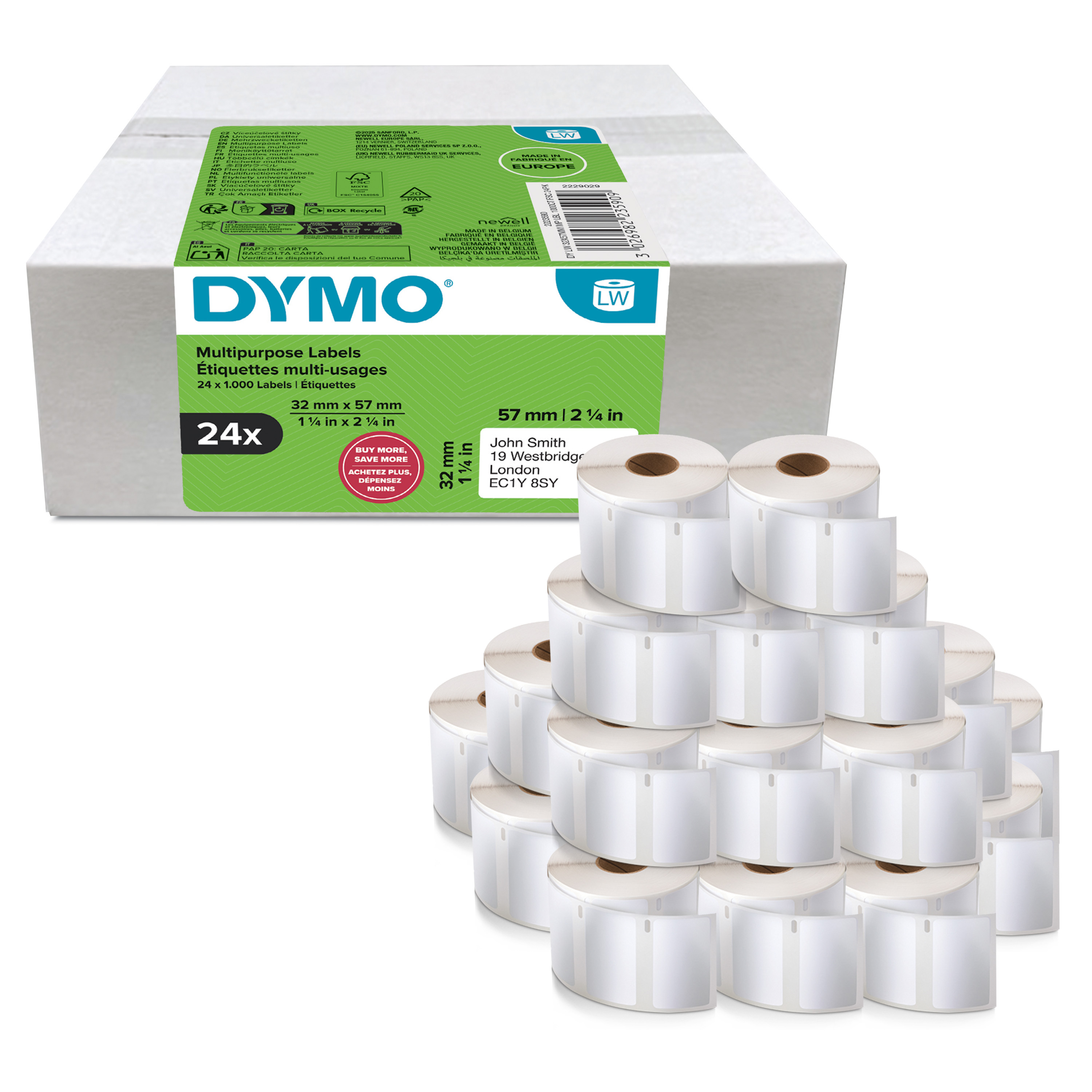 DYMO Etikettenrollen für Etikettendrucker weiß, 57,0 x 32,0 mm, 24 x 1000 Etiketten