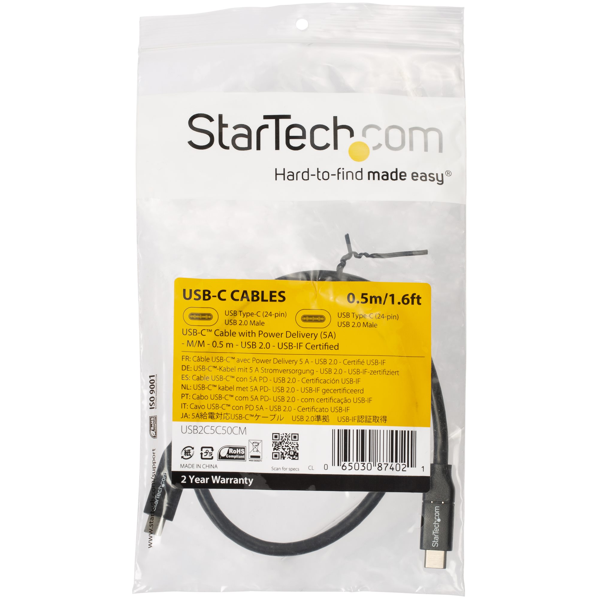 STARTECH.COM USB C to USB C Cable - 1.5 ft / 0.5m - 5A PD - White - USB 2.0 - USB-IF Certified - USB Type C Cable - Charging Cable