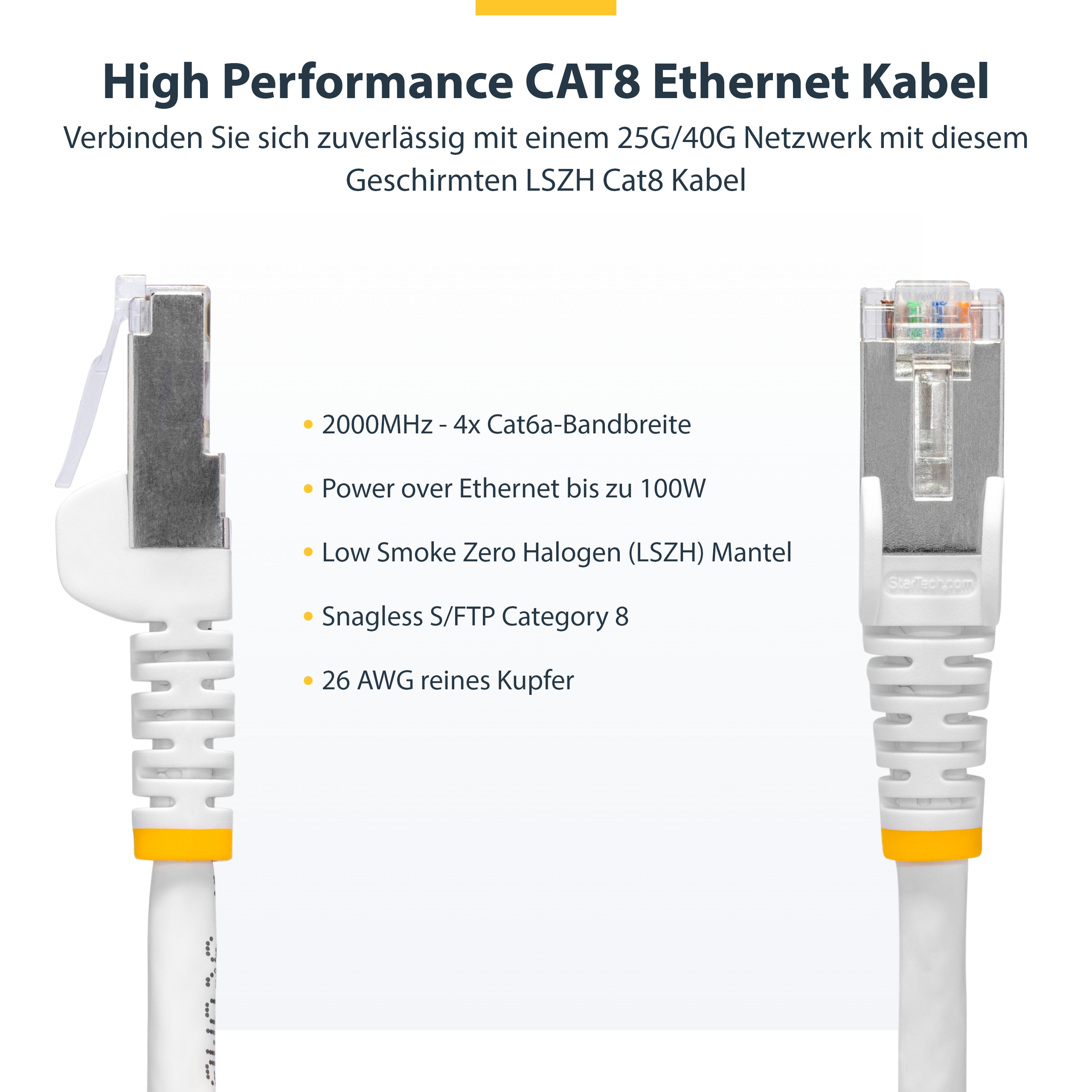 STARTECH.COM 12m Weisses CAT8 Netzwerkkabel Snagless RJ45 Patchkabel 25G/40G LAN Kabel 2000MHz 100W PoE++ S/FTP LSZH