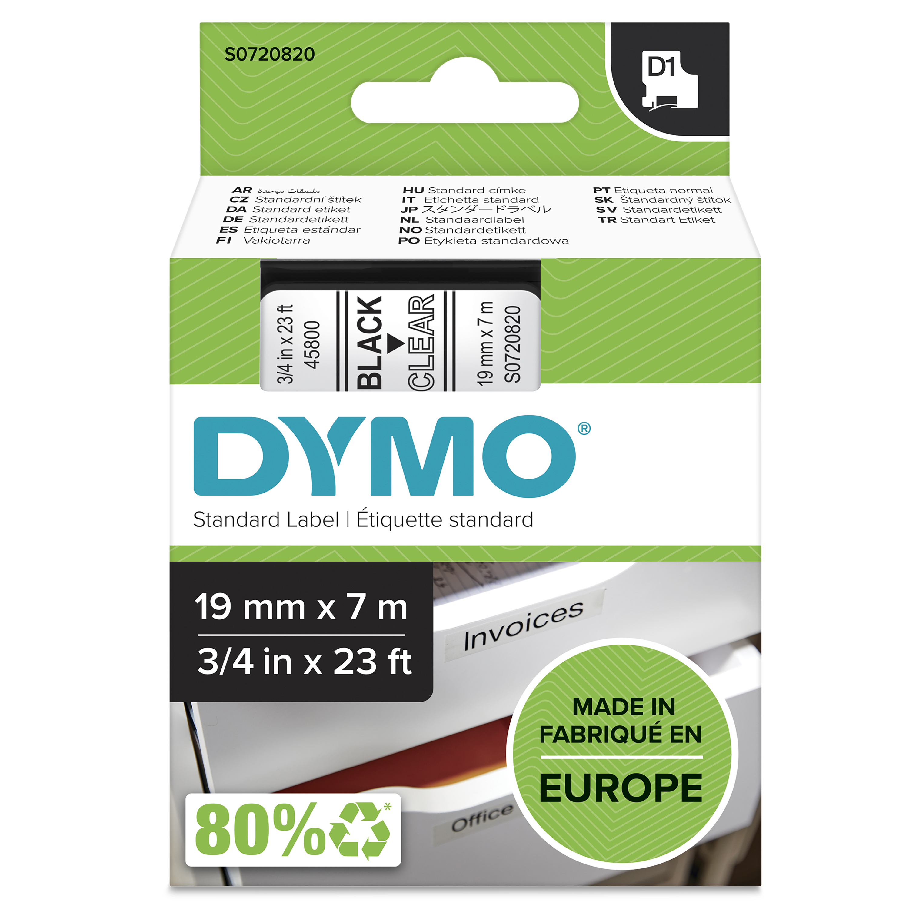 DYMO Schriftband D1 S0720820, 19 mm, schwarz auf transparent, 1 St.
