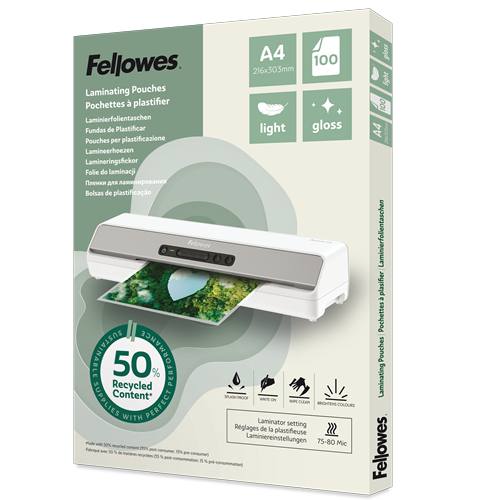 Fellowes Laminierfolien mit 50% recyceltem Anteil glänzend für A4 75-80 micron, 100 St.
